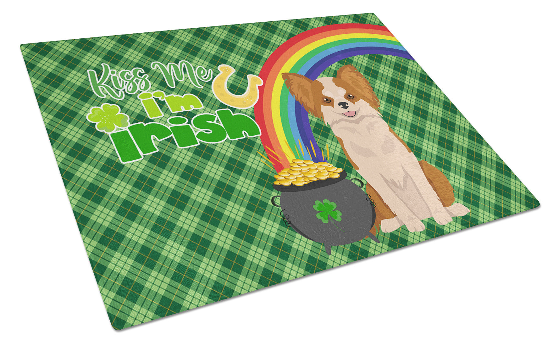 Longhaired Red and White Chihuahua St. Patrick's Day Glass Cutting Board Decorative Tempered Glass Kitchen Cutting and Serving Board Large Size Chopping Board