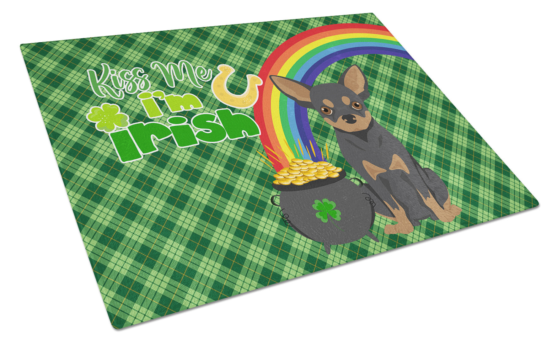 Black and Tan Chihuahua St. Patrick's Day Glass Cutting Board Decorative Tempered Glass Kitchen Cutting and Serving Board Large Size Chopping Board