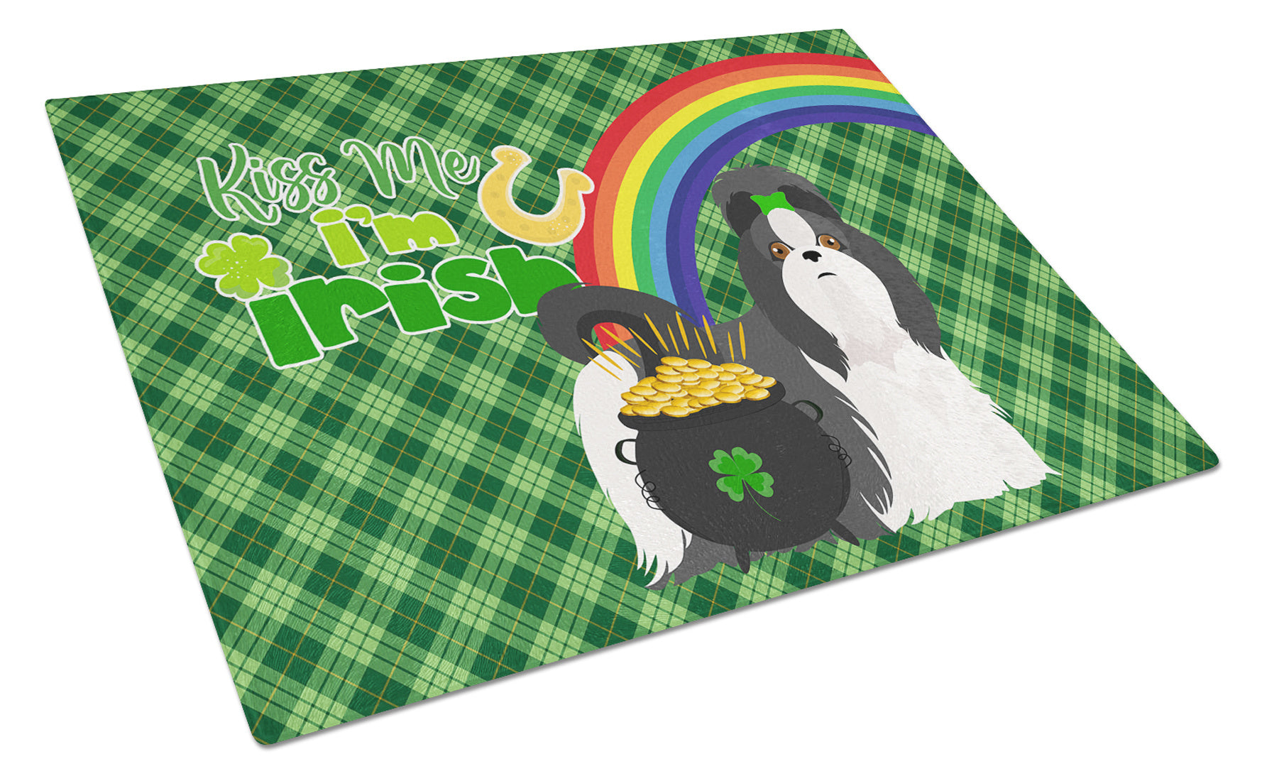 Black and White Shih Tzu St. Patrick's Day Glass Cutting Board Decorative Tempered Glass Kitchen Cutting and Serving Board Large Size Chopping Board