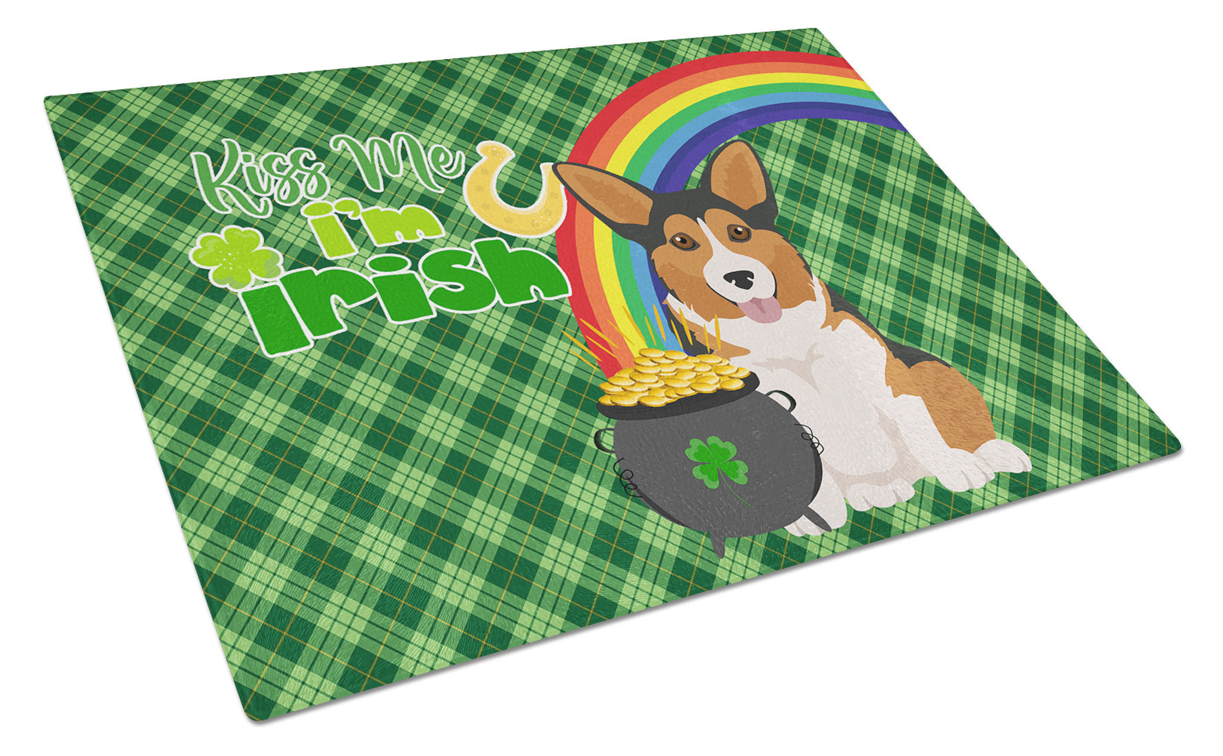 Sable Pembroke Corgi St. Patrick's Day Glass Cutting Board Decorative Tempered Glass Kitchen Cutting and Serving Board Large Size Chopping Board