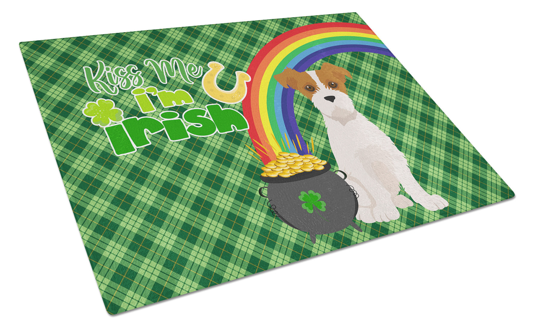 Brown White Wirehair Jack Russell Terrier St. Patrick's Day Glass Cutting Board Decorative Tempered Glass Kitchen Cutting and Serving Board Large Size Chopping Board