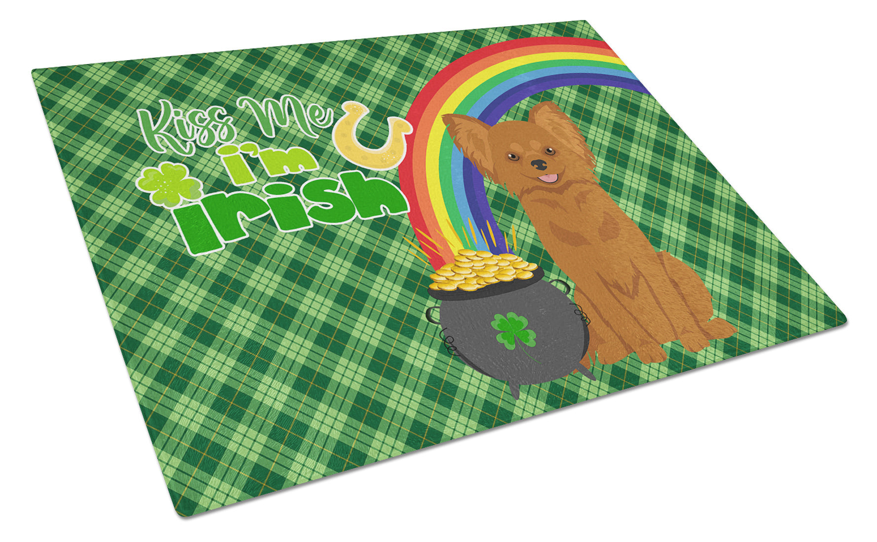 Longhaired Red Chihuahua St. Patrick's Day Glass Cutting Board Decorative Tempered Glass Kitchen Cutting and Serving Board Large Size Chopping Board