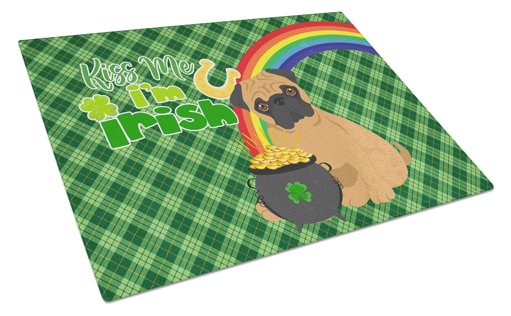 Apricot Pug St. Patrick's Day Glass Cutting Board Decorative Tempered Glass Kitchen Cutting and Serving Board Large Size Chopping Board