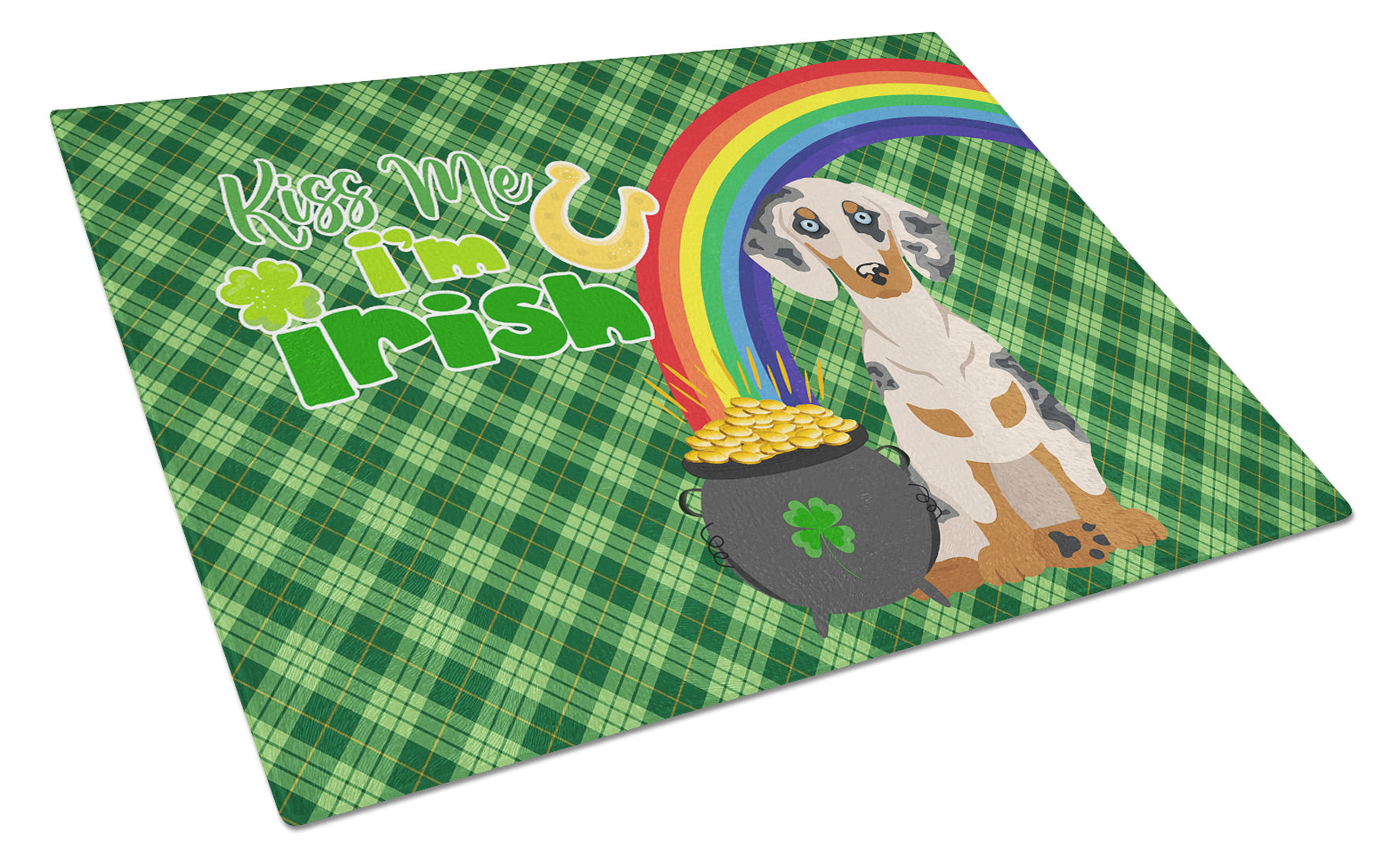 Cream Dapple Dachshund St. Patrick's Day Glass Cutting Board Decorative Tempered Glass Kitchen Cutting and Serving Board Large Size Chopping Board