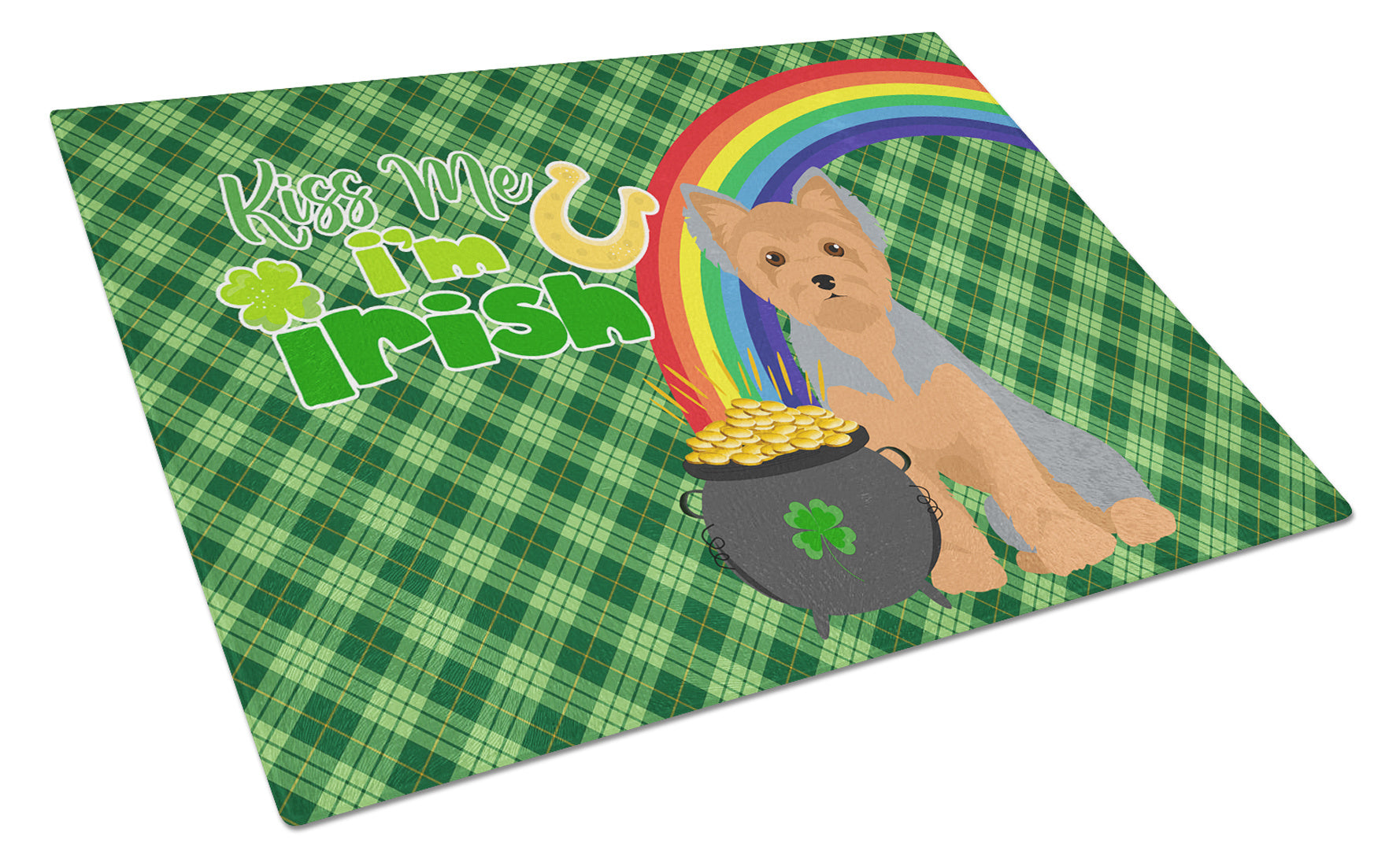 Blue and Tan Puppy Cut Yorkshire Terrier St. Patrick's Day Glass Cutting Board Decorative Tempered Glass Kitchen Cutting and Serving Board Large Size Chopping Board