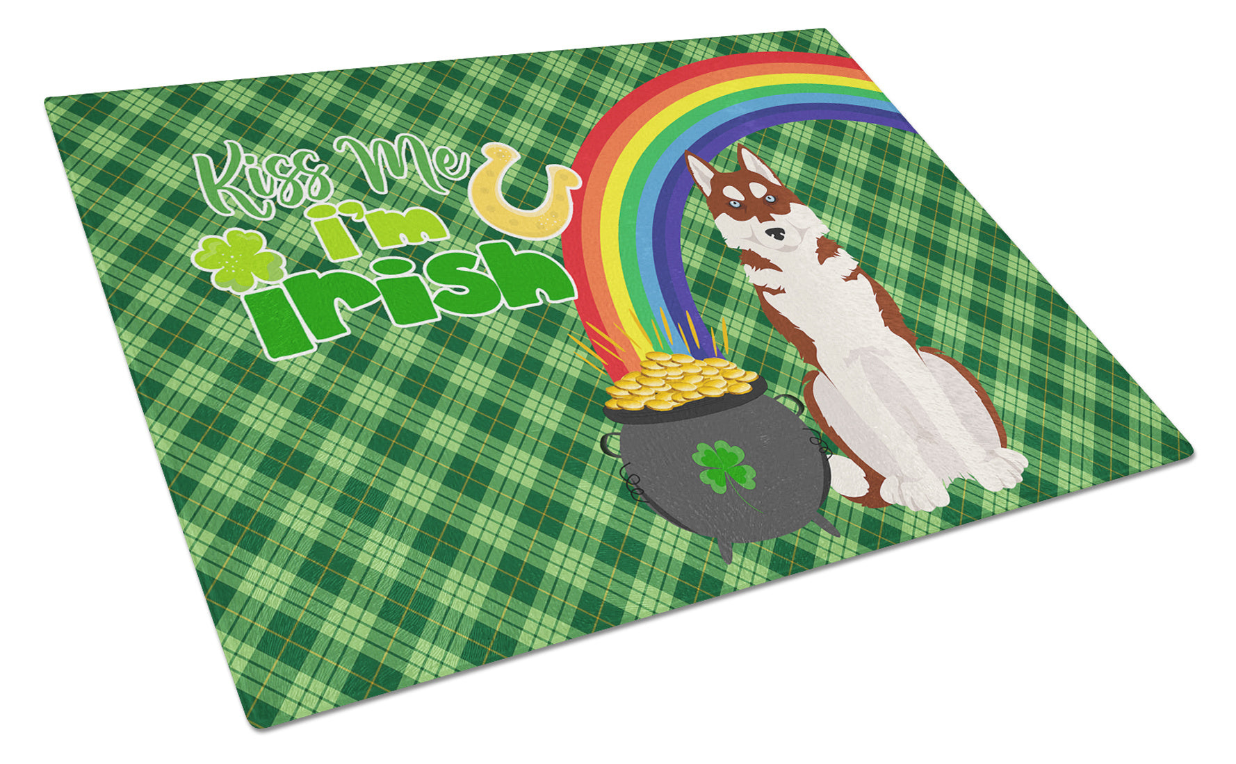 Red Siberian Husky St. Patrick's Day Glass Cutting Board Decorative Tempered Glass Kitchen Cutting and Serving Board Large Size Chopping Board