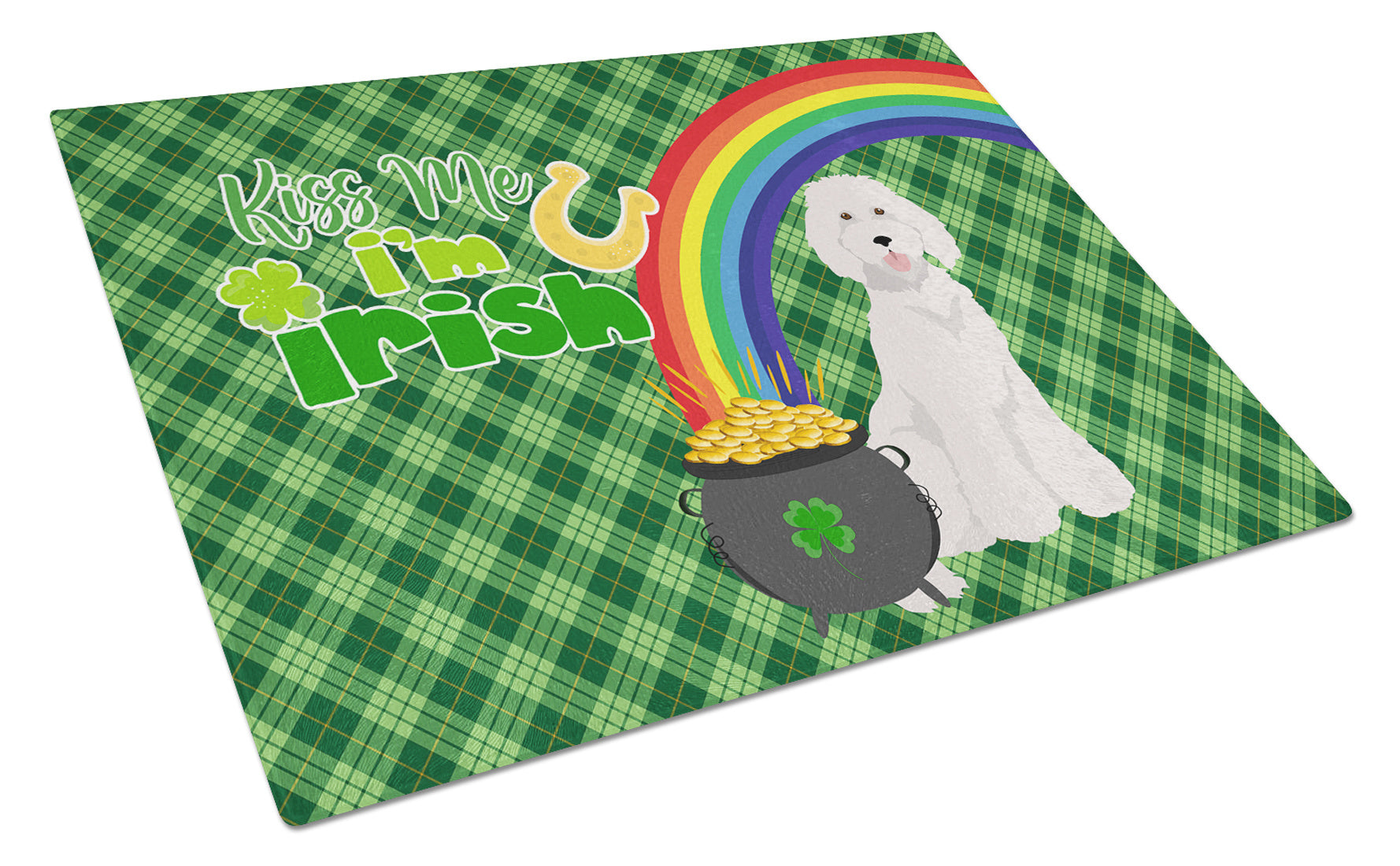 Standard White Poodle St. Patrick's Day Glass Cutting Board Decorative Tempered Glass Kitchen Cutting and Serving Board Large Size Chopping Board