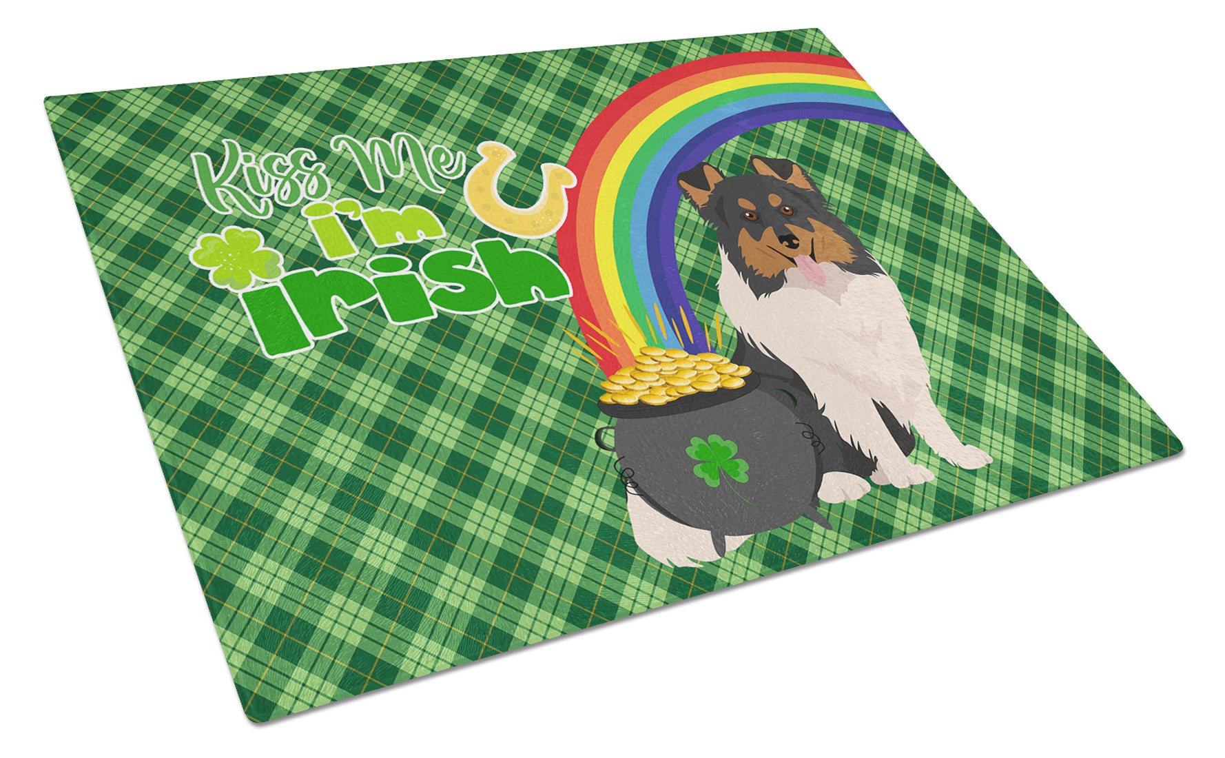 Tricolor Sheltie St. Patrick's Day Glass Cutting Board Decorative Tempered Glass Kitchen Cutting and Serving Board Large Size Chopping Board