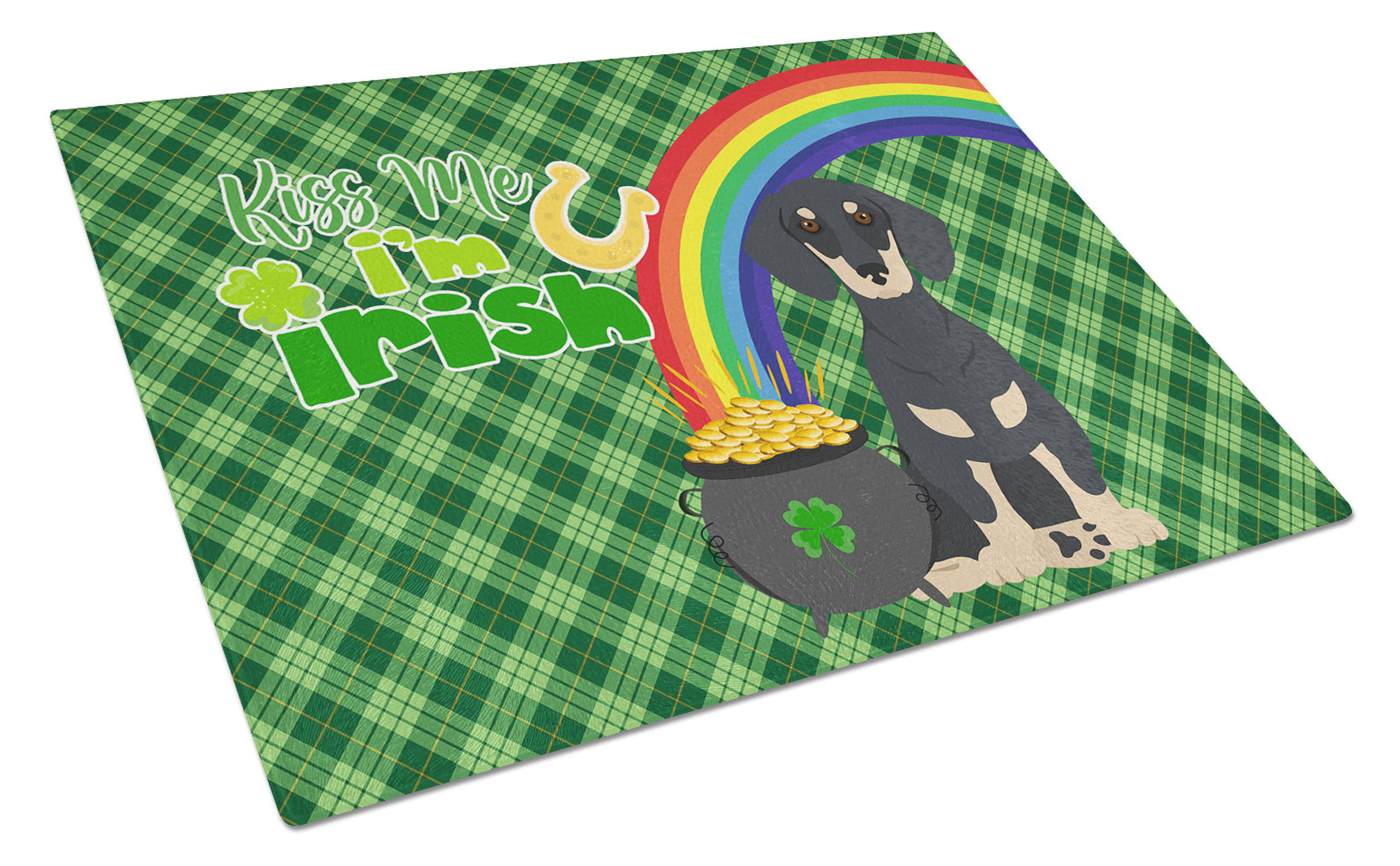 Black and Cream Dachshund St. Patrick's Day Glass Cutting Board Decorative Tempered Glass Kitchen Cutting and Serving Board Large Size Chopping Board