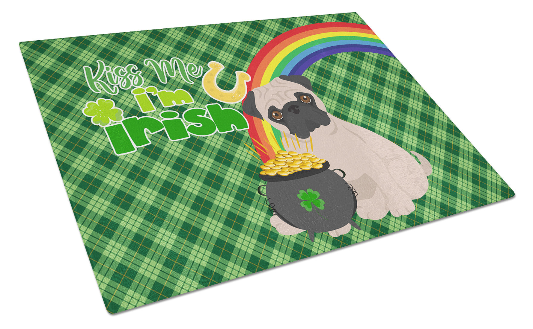 Fawn Pug St. Patrick's Day Glass Cutting Board Decorative Tempered Glass Kitchen Cutting and Serving Board Large Size Chopping Board