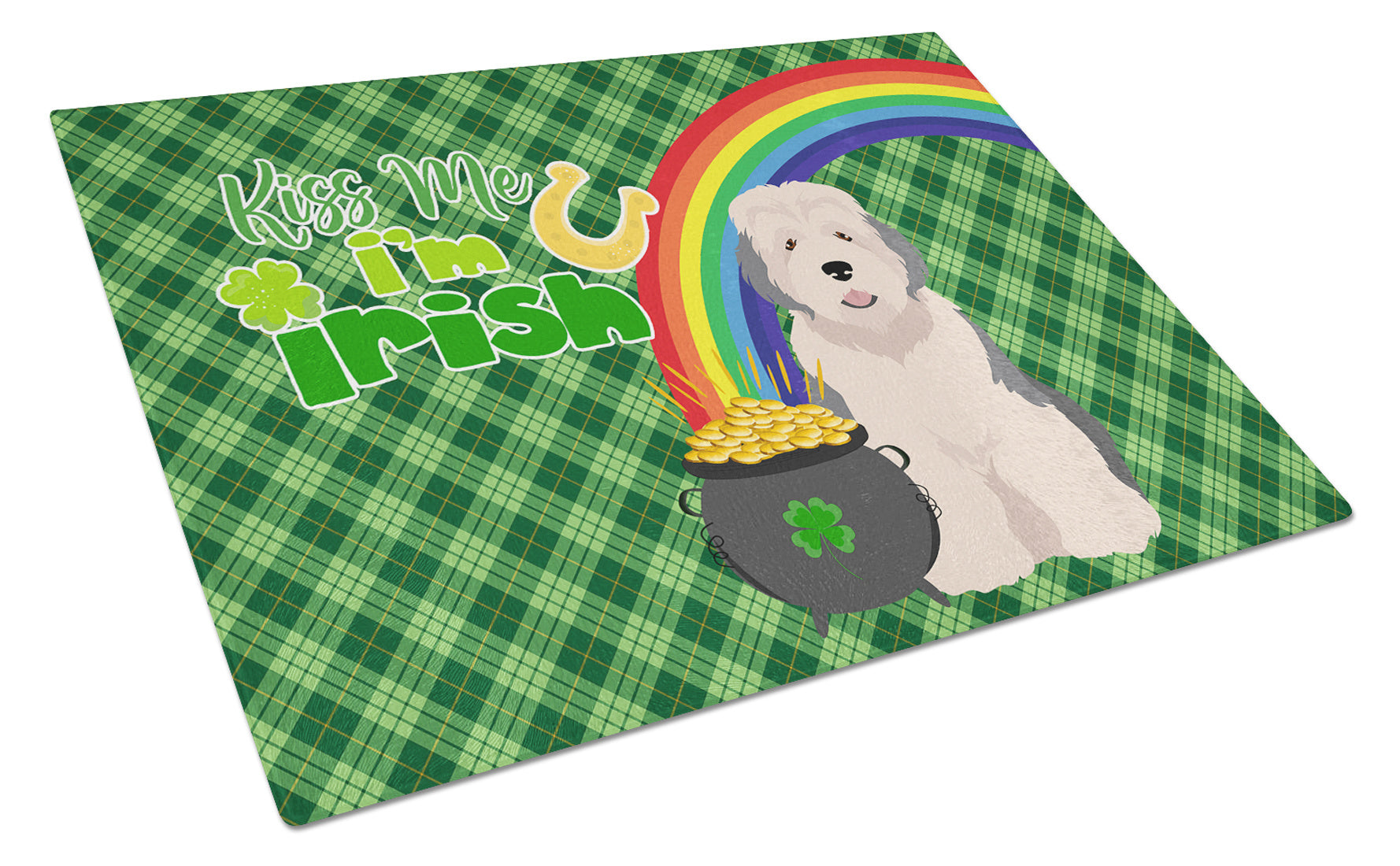 Old English Sheepdog St. Patrick's Day Glass Cutting Board Decorative Tempered Glass Kitchen Cutting and Serving Board Large Size Chopping Board