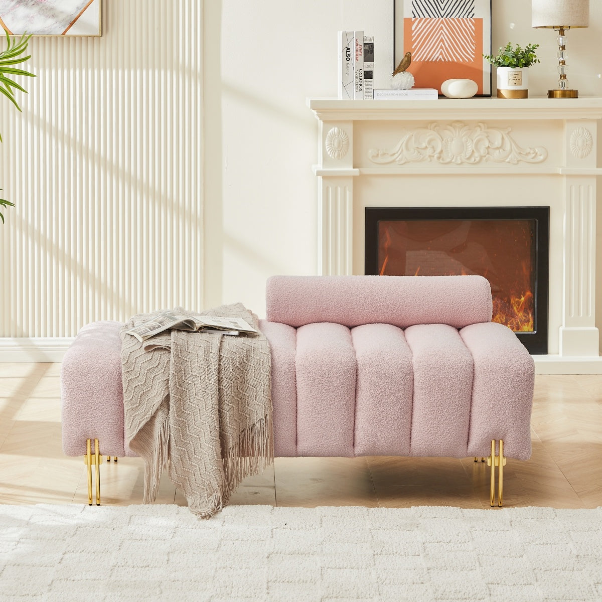 Modern End of Bed Bench Upholstered Teddy Entryway Ottoman Bench Fuzzy Sofa Stool Footrest Window Bench with Gold Metal Legs for living room, study room and many other occasions