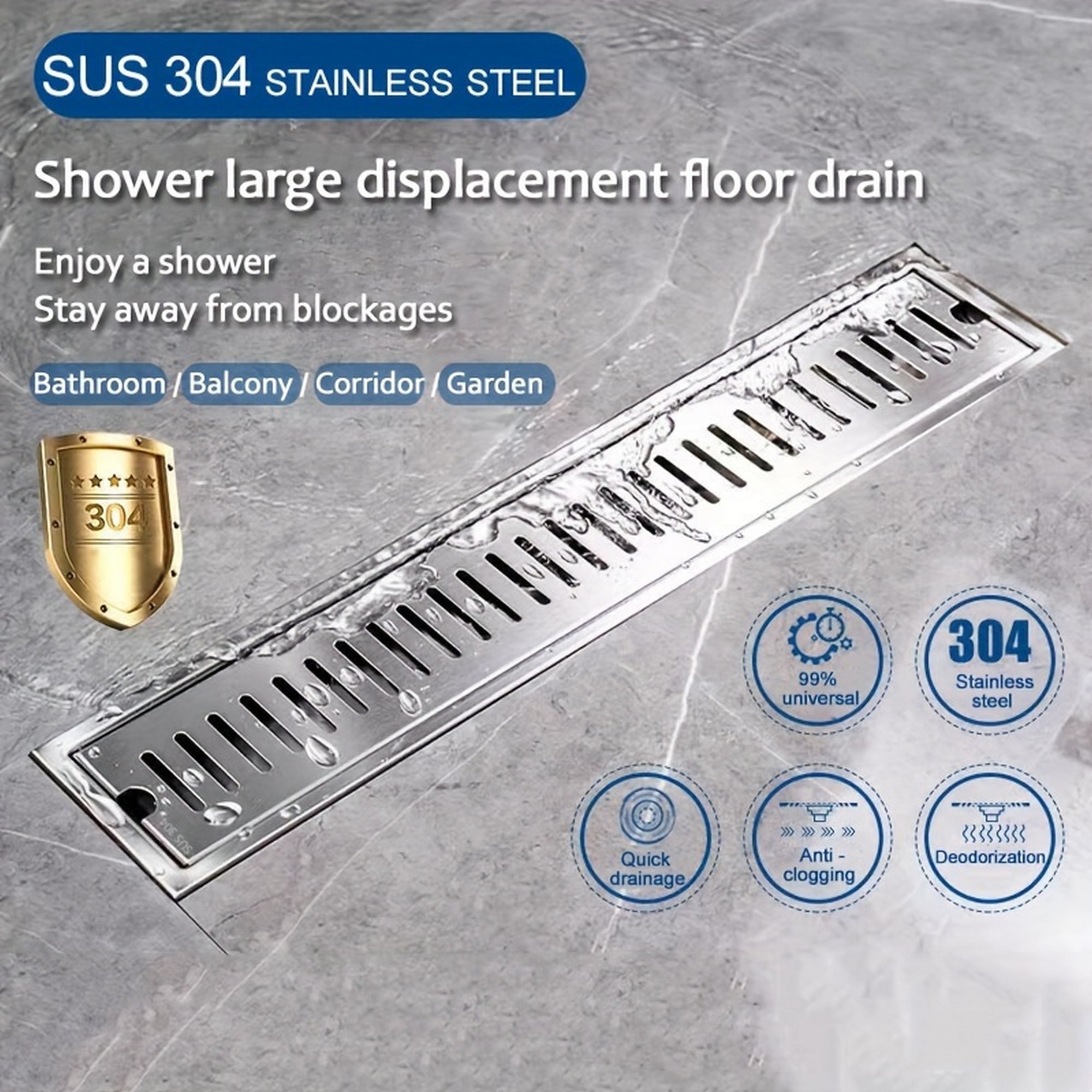 1pc Long Floor Drain, Toilet Stainless Steel SUS304 Thickened Large-capacity Anti-odor Hotel Shower Drain, Room Engineering Rectangular Strip Drain Floor Drain