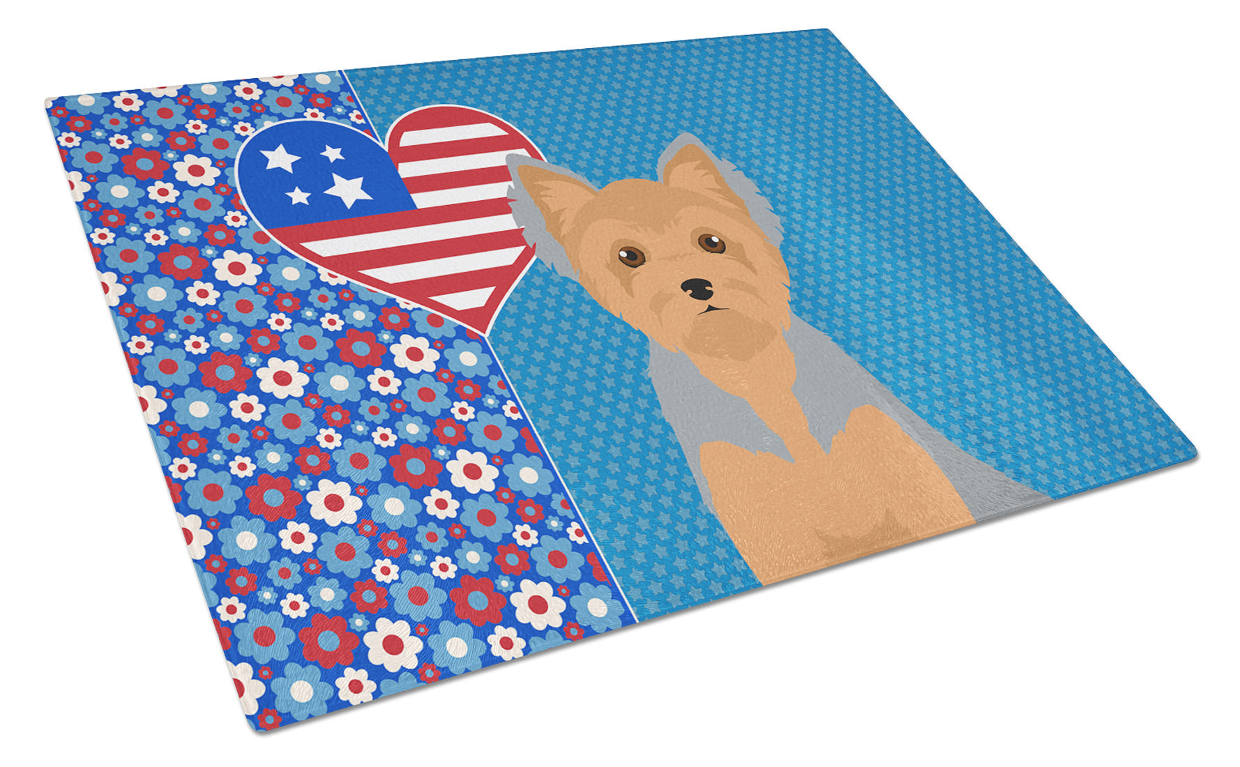 Blue and Tan Puppy Cut Yorkshire Terrier USA American Glass Cutting Board Decorative Tempered Glass Kitchen Cutting and Serving Board Large Size Chopping Board