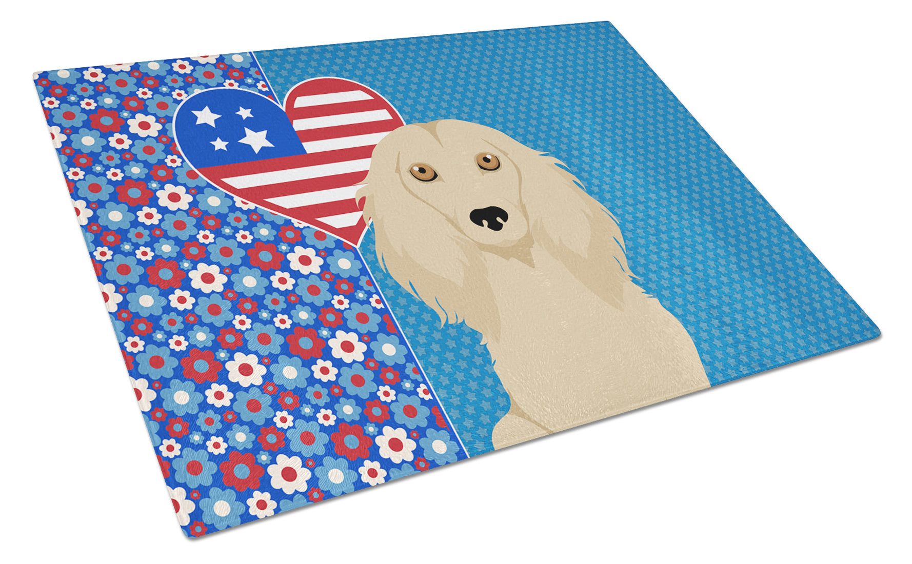 Longhair Cream Dachshund USA American Glass Cutting Board Decorative Tempered Glass Kitchen Cutting and Serving Board Large Size Chopping Board