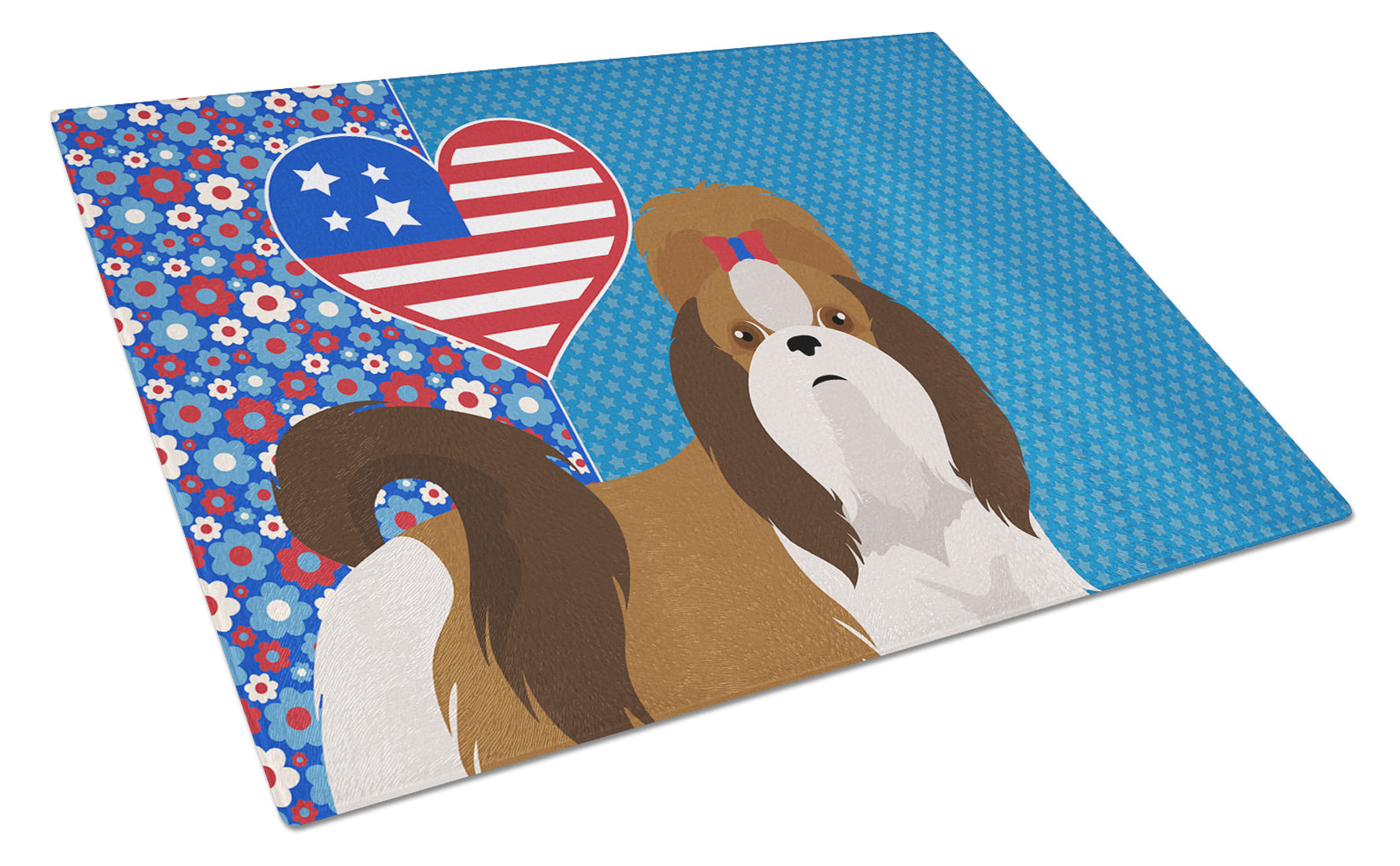 Red and White Shih Tzu USA American Glass Cutting Board Decorative Tempered Glass Kitchen Cutting and Serving Board Large Size Chopping Board