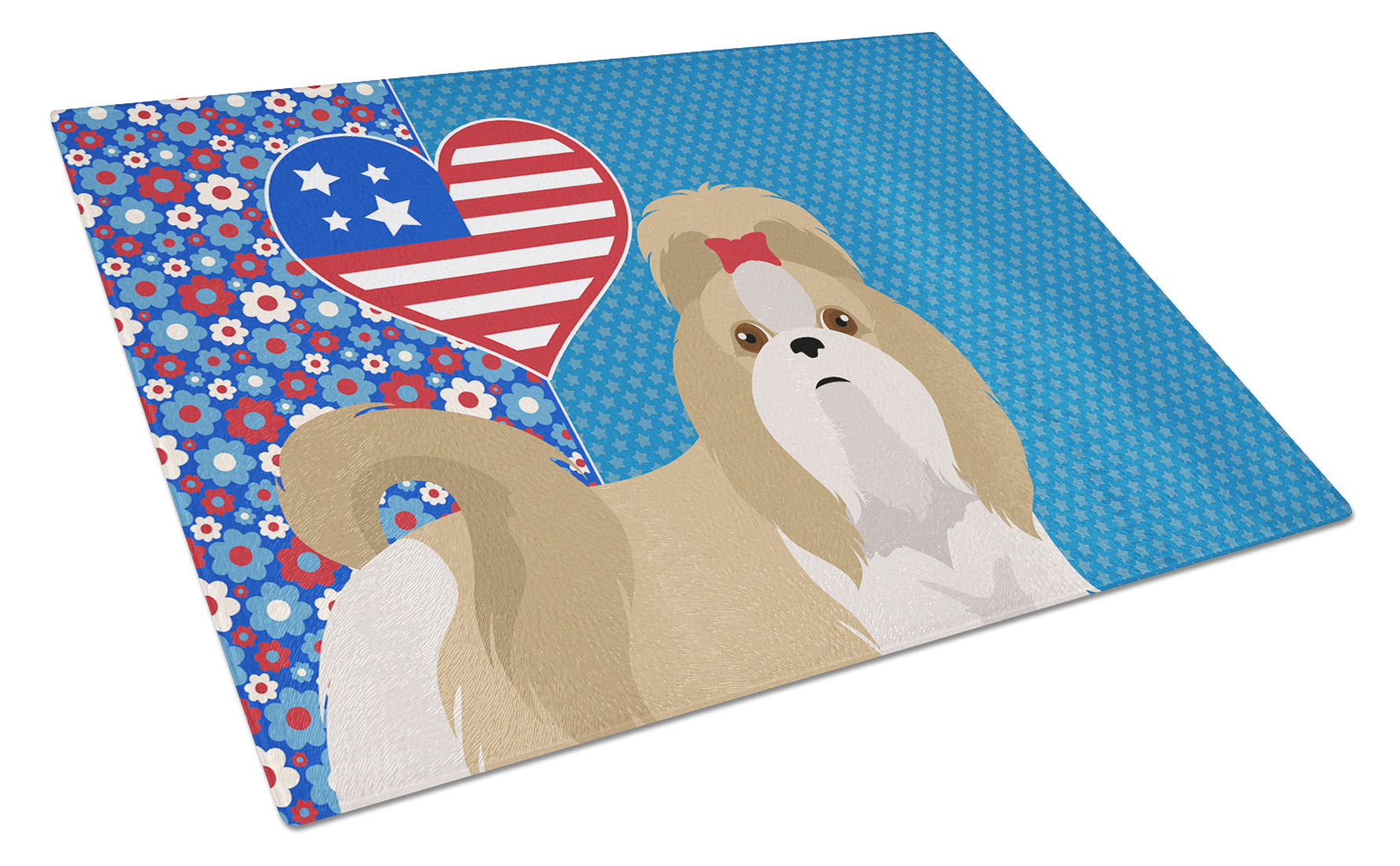 Gold and White Shih Tzu USA American Glass Cutting Board Decorative Tempered Glass Kitchen Cutting and Serving Board Large Size Chopping Board