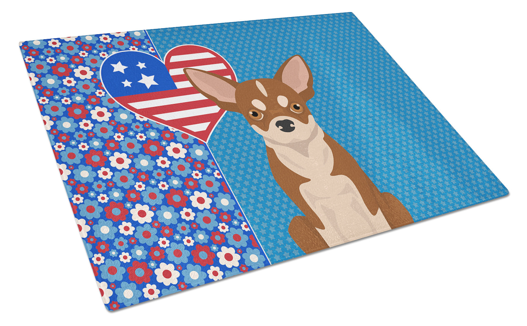 Red and White Chihuahua USA American Glass Cutting Board Decorative Tempered Glass Kitchen Cutting and Serving Board Large Size Chopping Board