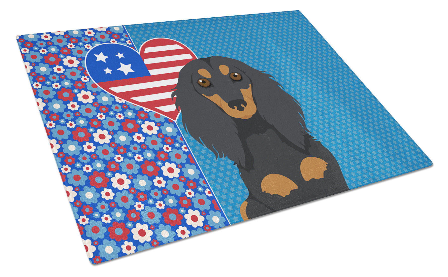 Longhair Black and Tan Dachshund USA American Glass Cutting Board Decorative Tempered Glass Kitchen Cutting and Serving Board Large Size Chopping Board