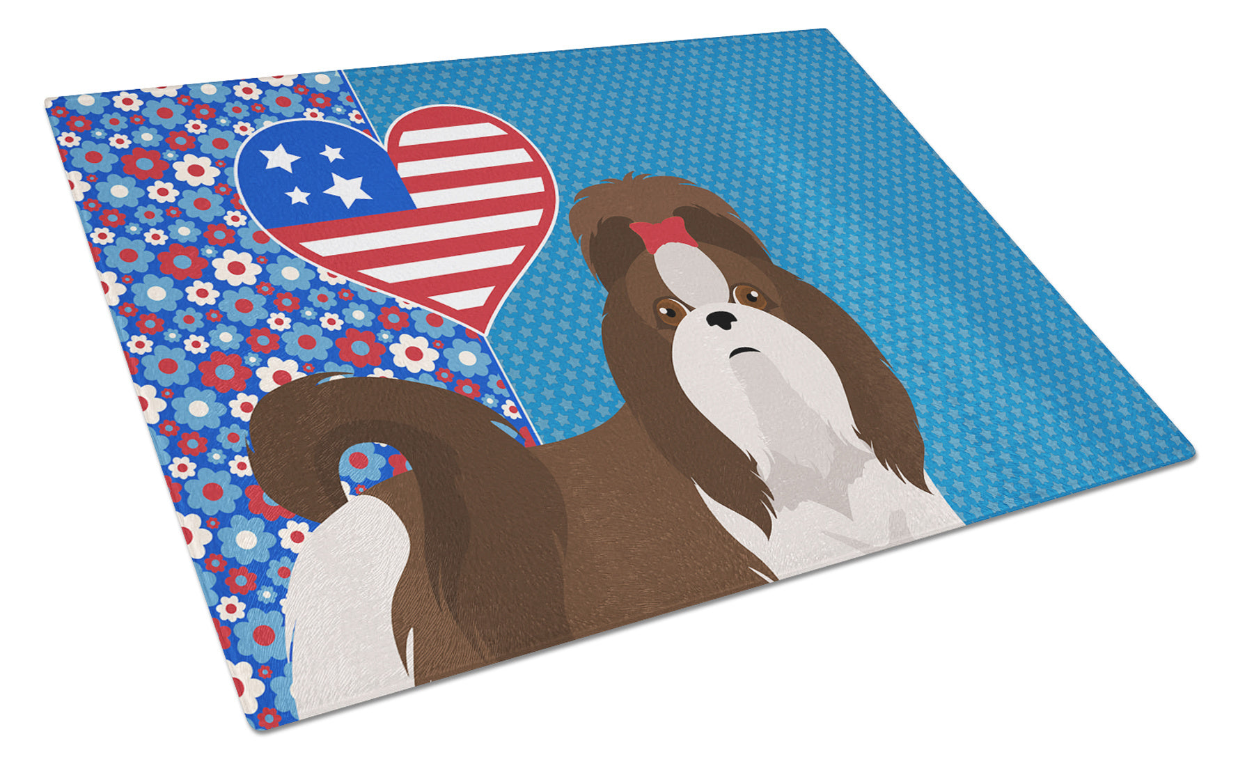 Liver and White Shih Tzu USA American Glass Cutting Board Decorative Tempered Glass Kitchen Cutting and Serving Board Large Size Chopping Board