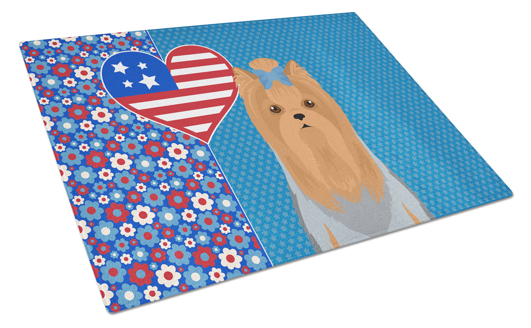 Blue and Tan Full Coat Yorkshire Terrier USA American Glass Cutting Board Decorative Tempered Glass Kitchen Cutting and Serving Board Large Size Chopping Board