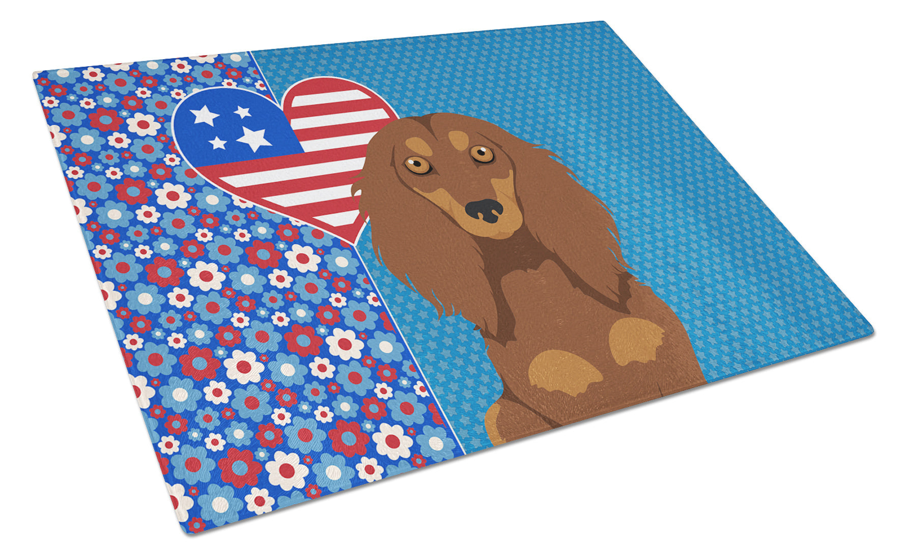 Longhair Chocolate and Tan Dachshund USA American Glass Cutting Board Decorative Tempered Glass Kitchen Cutting and Serving Board Large Size Chopping Board