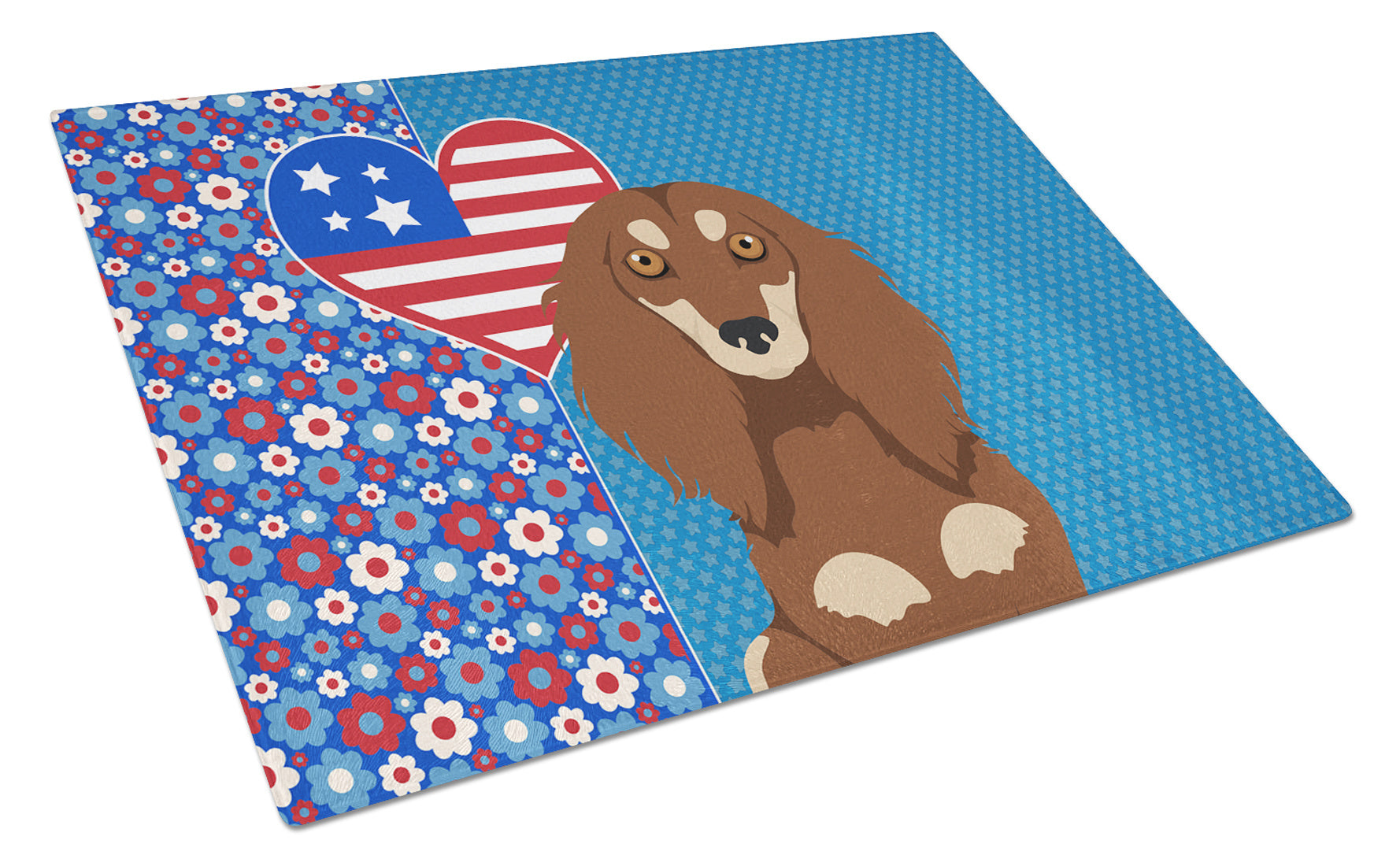 Longhair Chocolate and Cream Dachshund USA American Glass Cutting Board Decorative Tempered Glass Kitchen Cutting and Serving Board Large Size Chopping Board