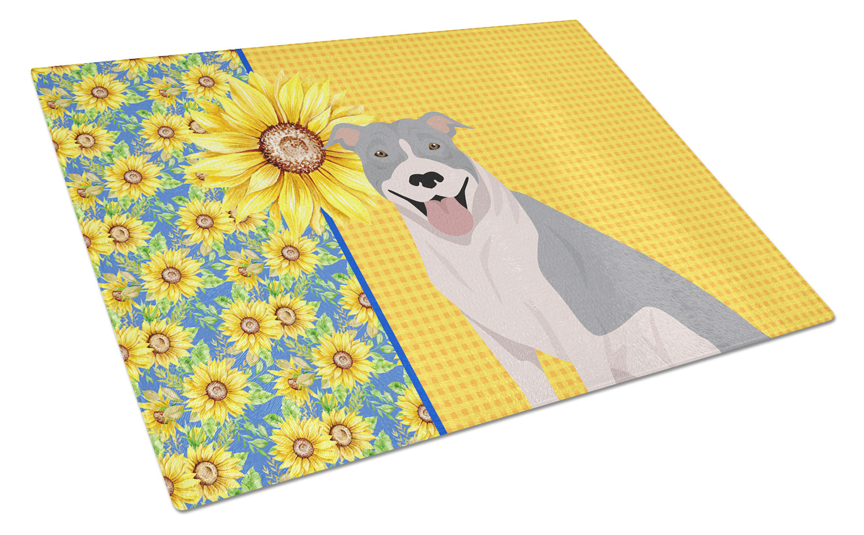 Summer Sunflowers Blue and White Pit Bull Terrier Glass Cutting Board Decorative Tempered Glass Kitchen Cutting and Serving Board Large Size Chopping Board
