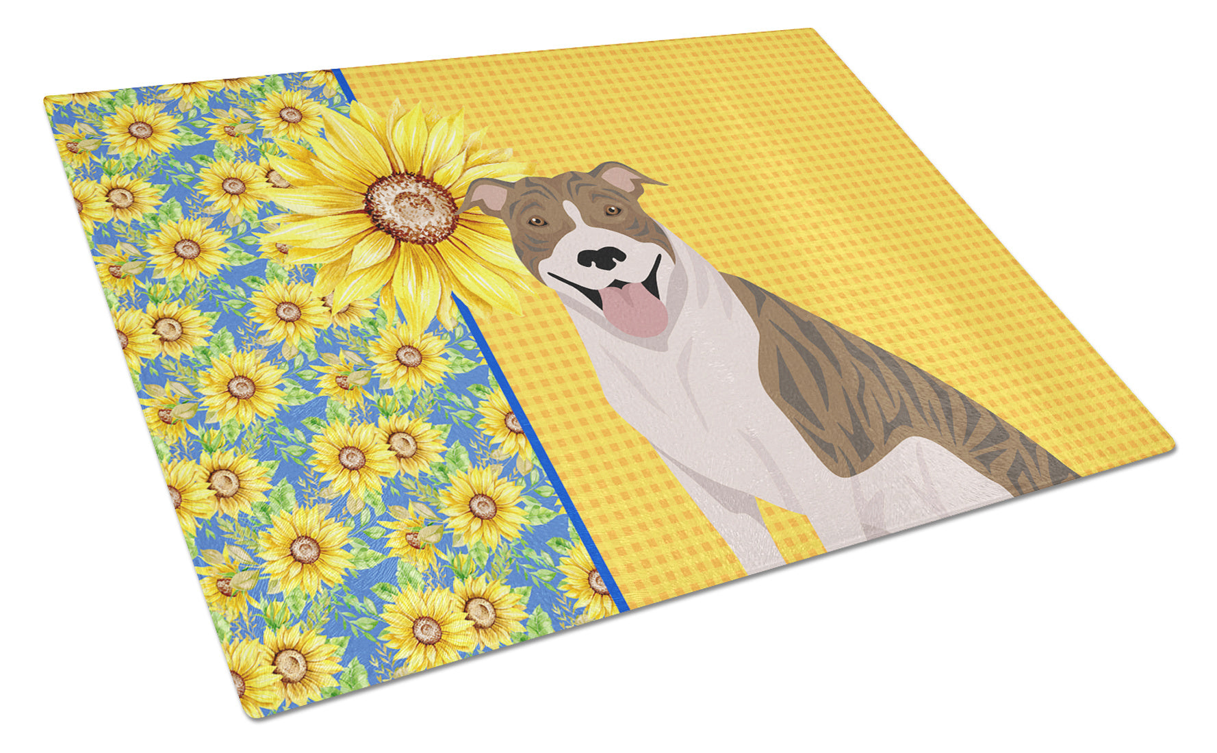 Summer Sunflowers Fawn Brindle Pit Bull Terrier Glass Cutting Board Decorative Tempered Glass Kitchen Cutting and Serving Board Large Size Chopping Board