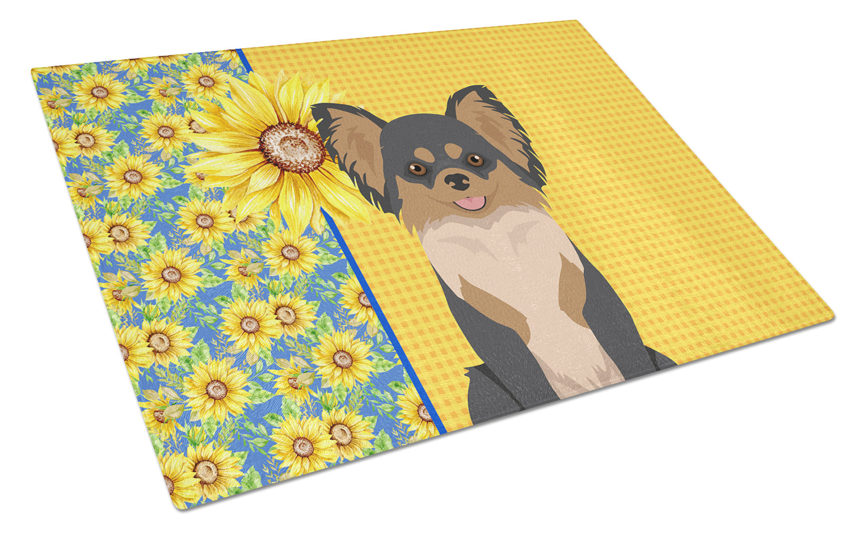 Summer Sunflowers Longhaired Black and Tan Chihuahua Glass Cutting Board Decorative Tempered Glass Kitchen Cutting and Serving Board Large Size Chopping Board