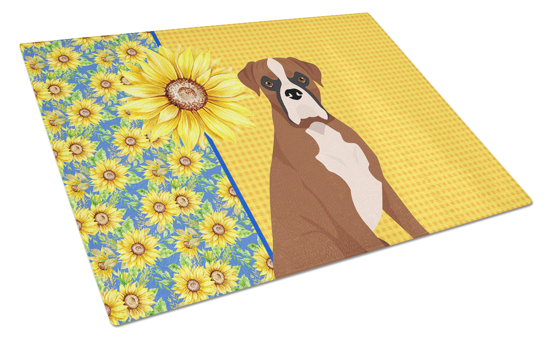 Summer Sunflowers Natural Eared Red Fawn Boxer Glass Cutting Board Decorative Tempered Glass Kitchen Cutting and Serving Board Large Size Chopping Board