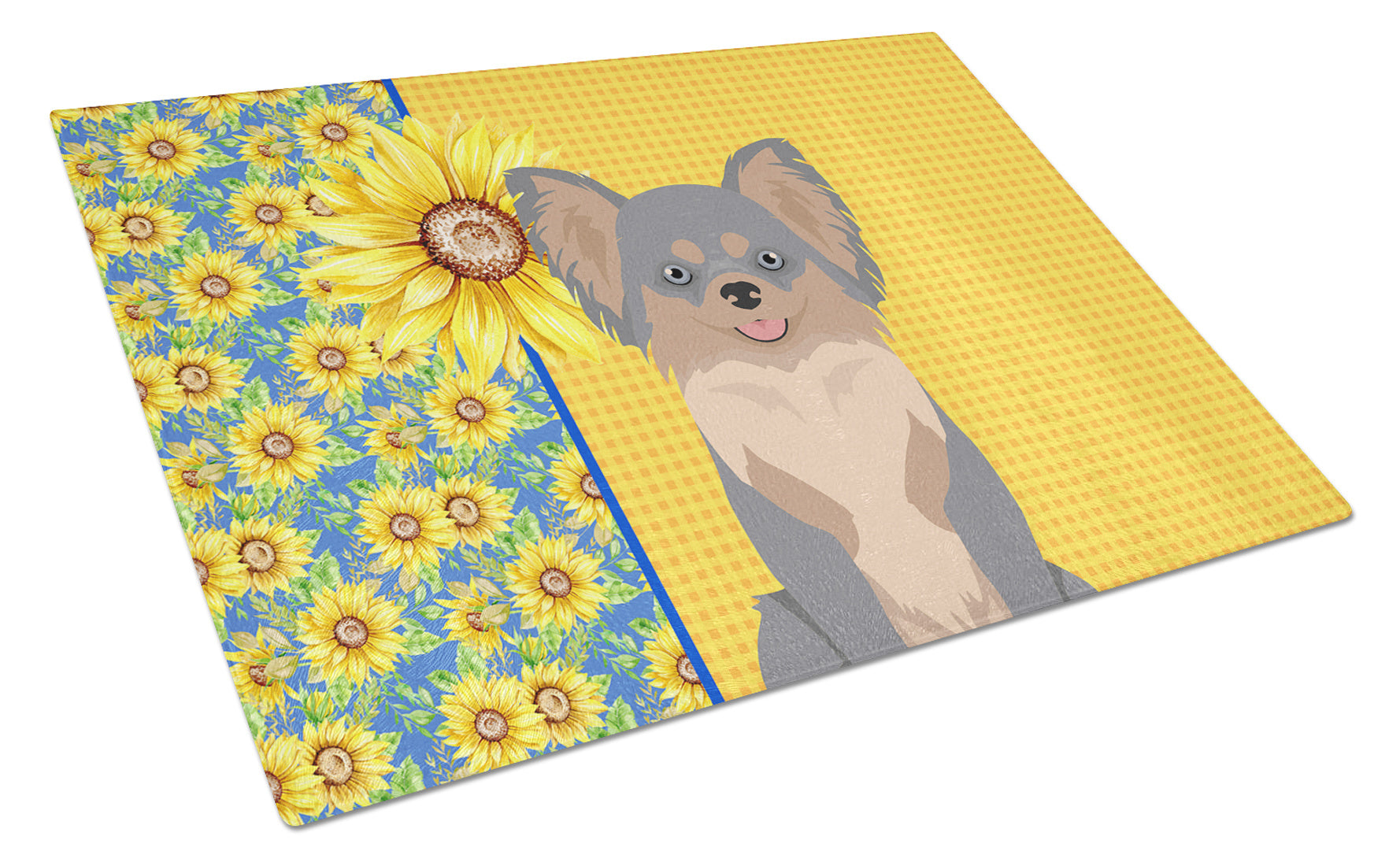 Summer Sunflowers Longhaired Blue and Tan Chihuahua Glass Cutting Board Decorative Tempered Glass Kitchen Cutting and Serving Board Large Size Chopping Board