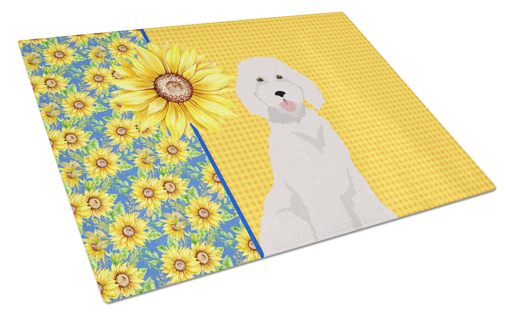 Summer Sunflowers Standard White Poodle Glass Cutting Board Decorative Tempered Glass Kitchen Cutting and Serving Board Large Size Chopping Board