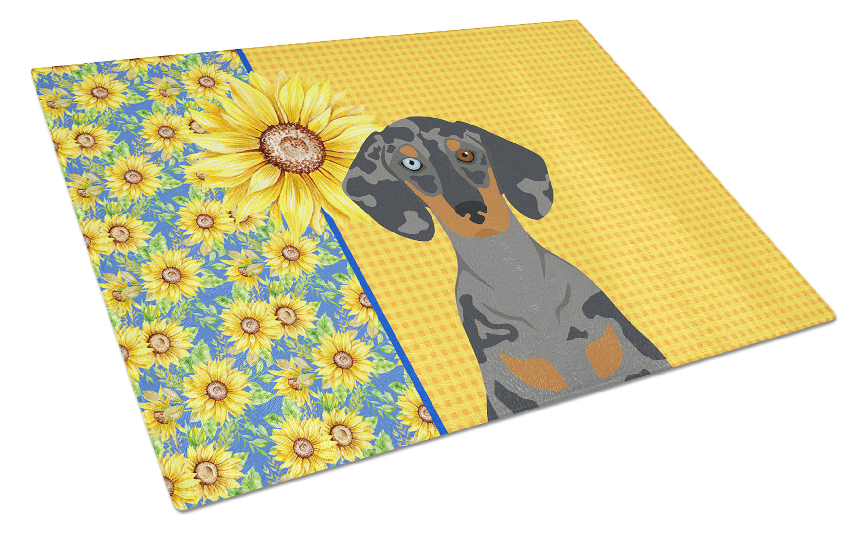 Summer Sunflowers Black Dapple Dachshund Glass Cutting Board Decorative Tempered Glass Kitchen Cutting and Serving Board Large Size Chopping Board