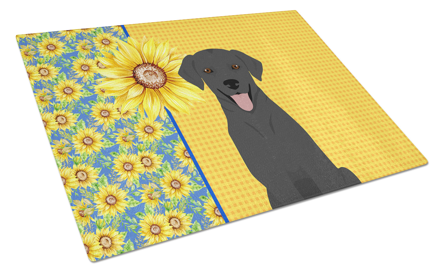 Summer Sunflowers Black Labrador Retriever Glass Cutting Board Decorative Tempered Glass Kitchen Cutting and Serving Board Large Size Chopping Board