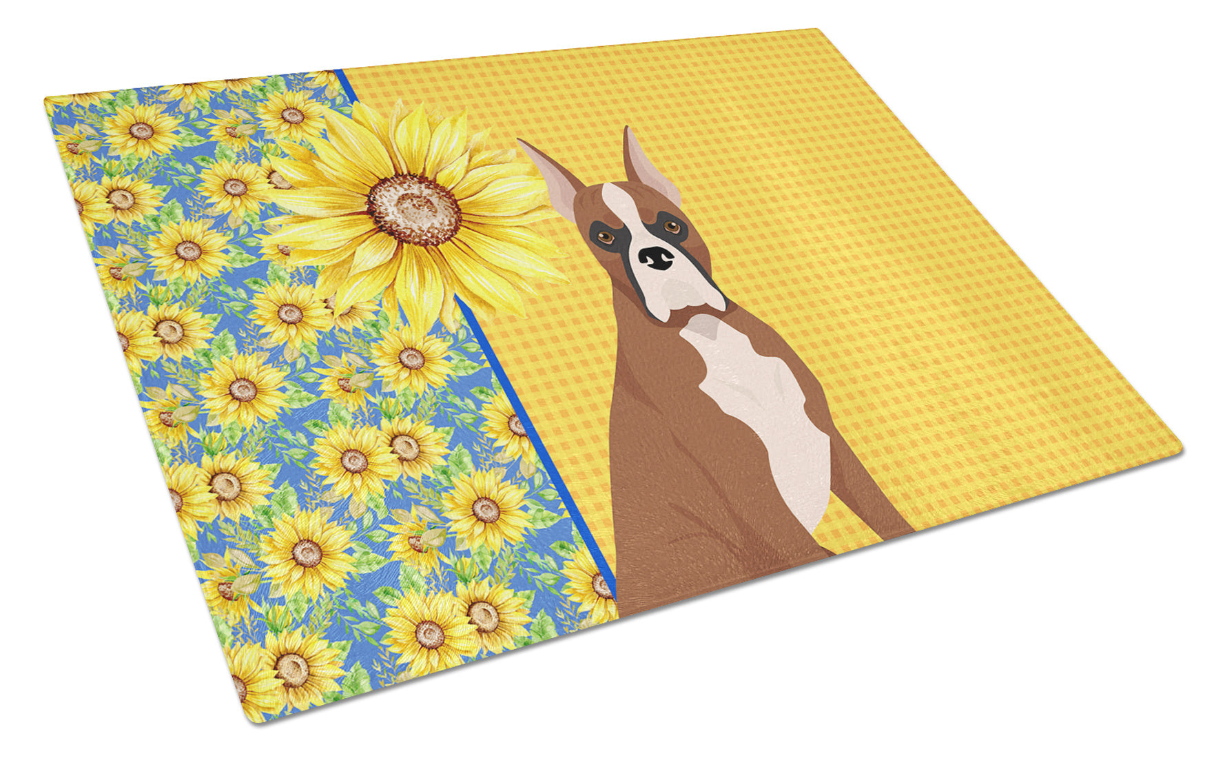 Summer Sunflowers Red Fawn Boxer Glass Cutting Board Decorative Tempered Glass Kitchen Cutting and Serving Board Large Size Chopping Board