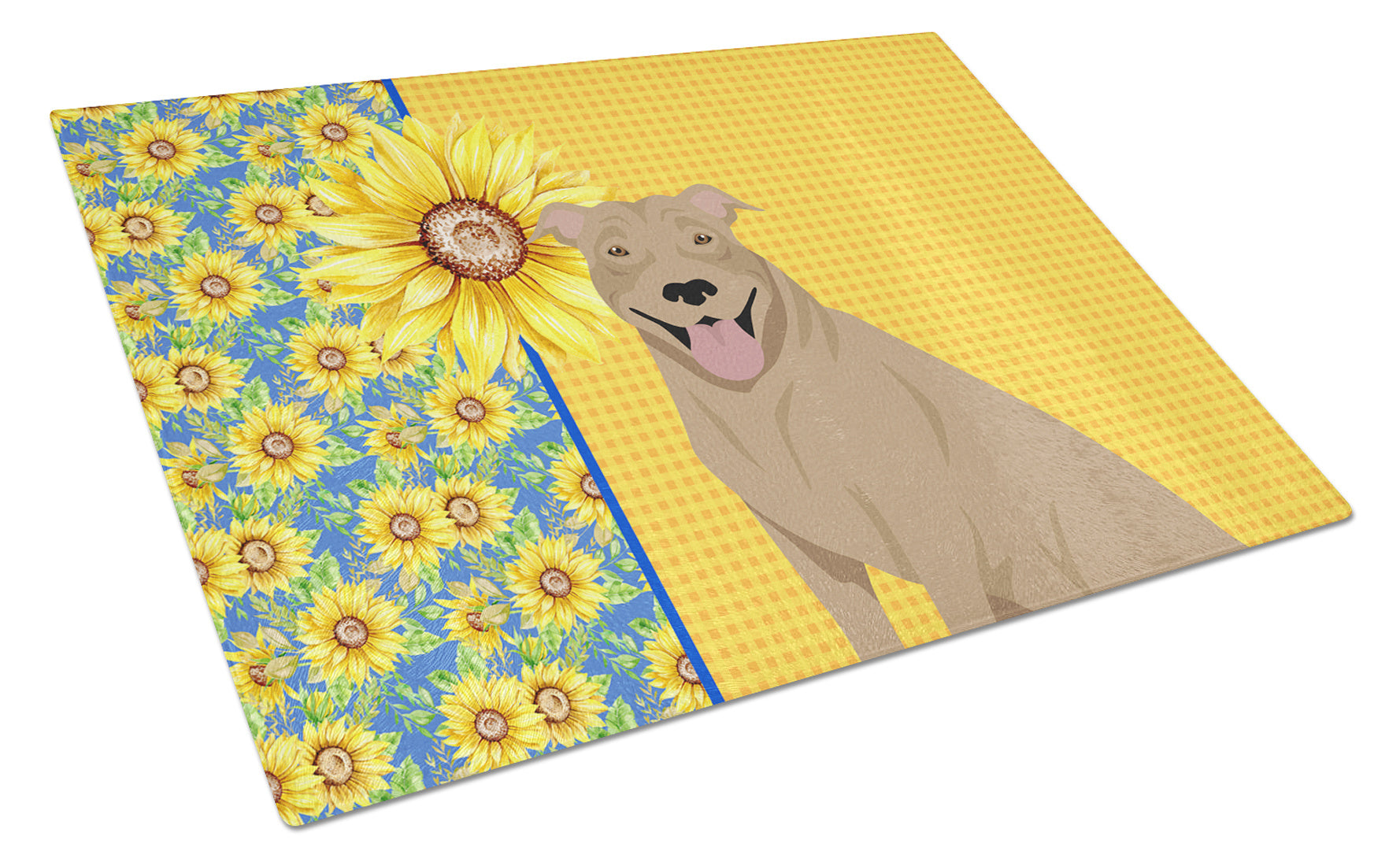 Summer Sunflowers Fawn Pit Bull Terrier Glass Cutting Board Decorative Tempered Glass Kitchen Cutting and Serving Board Large Size Chopping Board