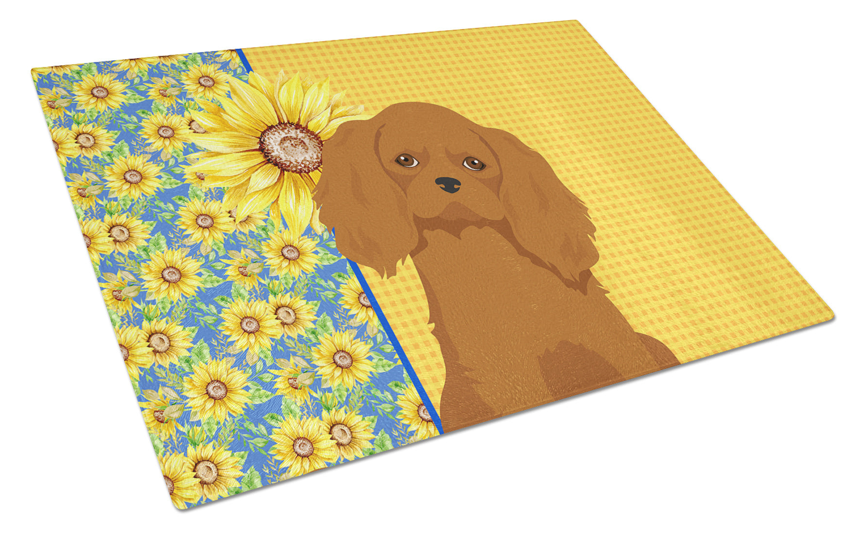 Summer Sunflowers Ruby Cavalier Spaniel Glass Cutting Board Decorative Tempered Glass Kitchen Cutting and Serving Board Large Size Chopping Board