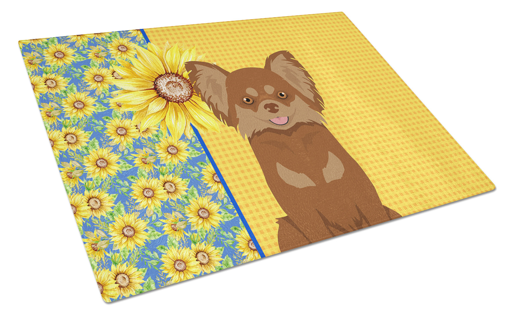 Summer Sunflowers Longhaired Chocolate and Tan Chihuahua Glass Cutting Board Decorative Tempered Glass Kitchen Cutting and Serving Board Large Size Chopping Board