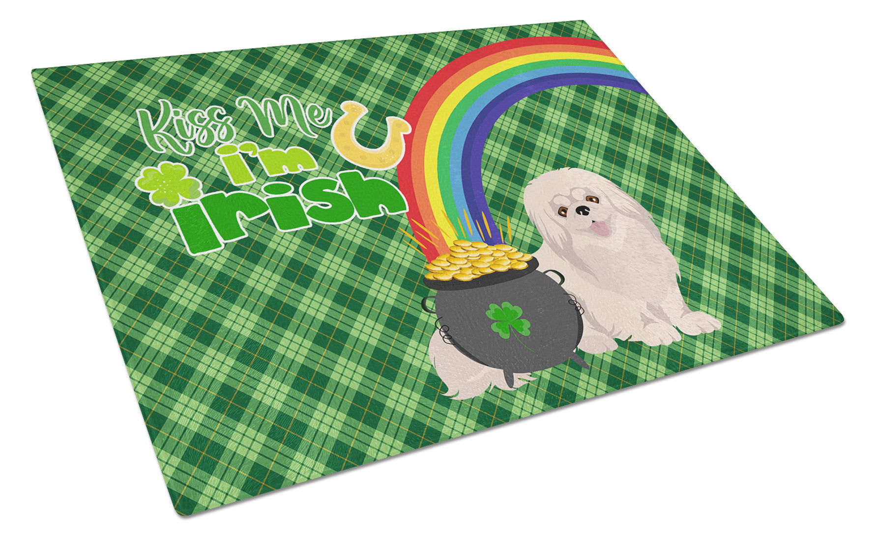 White Pekingese St. Patrick's Day Glass Cutting Board Decorative Tempered Glass Kitchen Cutting and Serving Board Large Size Chopping Board