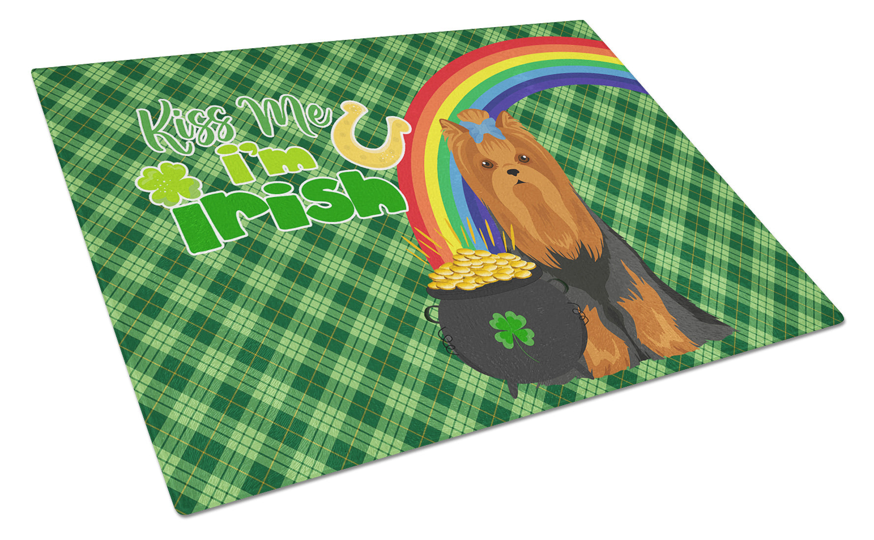 Black and Tan Full Coat Yorkshire Terrier St. Patrick's Day Glass Cutting Board Decorative Tempered Glass Kitchen Cutting and Serving Board Large Size Chopping Board