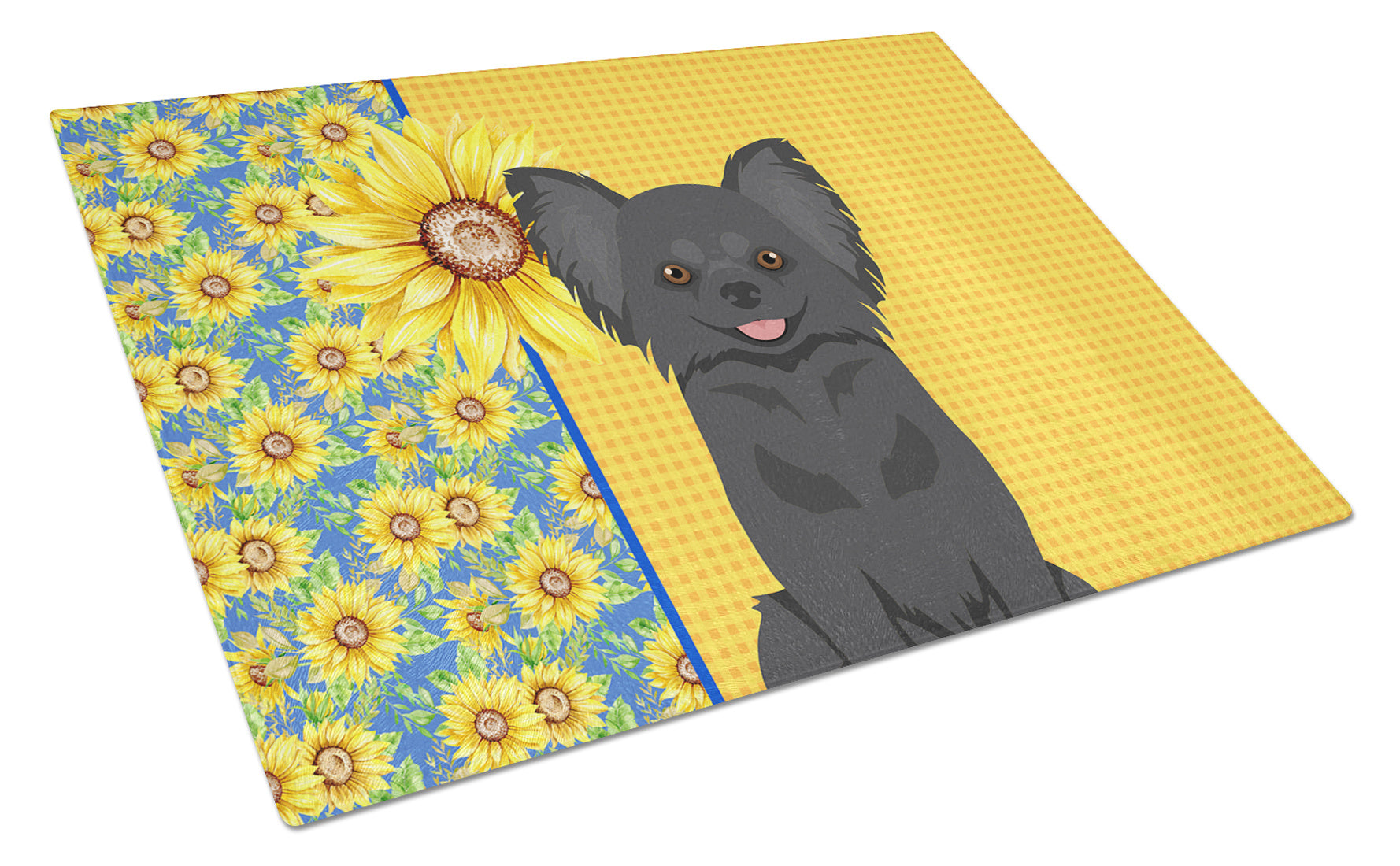 Summer Sunflowers Longhaired Black Chihuahua Glass Cutting Board Decorative Tempered Glass Kitchen Cutting and Serving Board Large Size Chopping Board