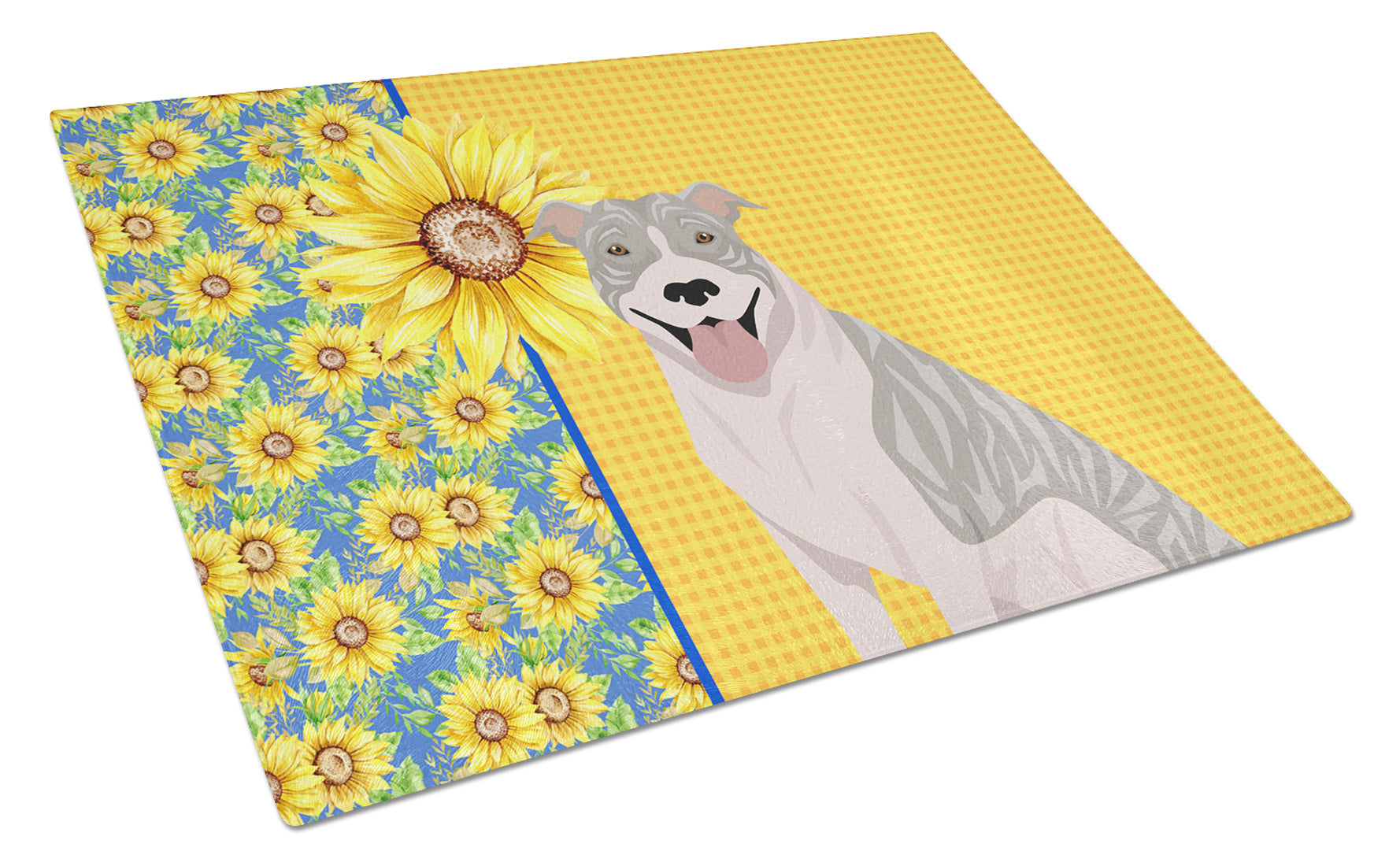 Summer Sunflowers Blue Brindle Pit Bull Terrier Glass Cutting Board Decorative Tempered Glass Kitchen Cutting and Serving Board Large Size Chopping Board