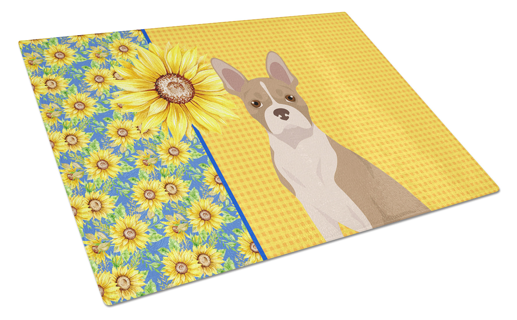 Summer Sunflowers Fawn Boston Terrier Glass Cutting Board Decorative Tempered Glass Kitchen Cutting and Serving Board Large Size Chopping Board