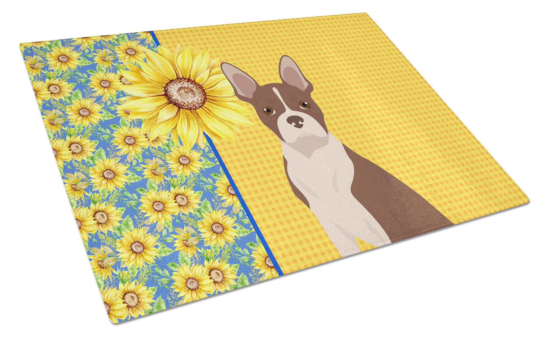 Summer Sunflowers Red Boston Terrier Glass Cutting Board Decorative Tempered Glass Kitchen Cutting and Serving Board Large Size Chopping Board