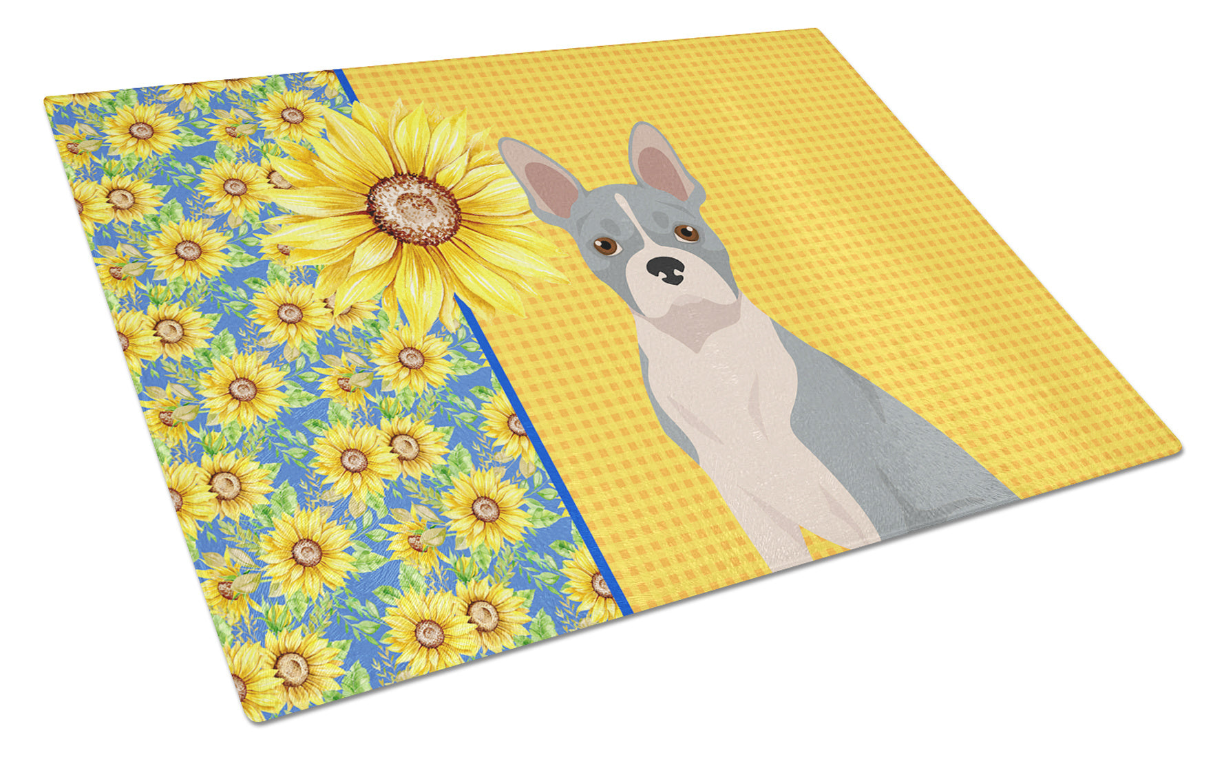 Summer Sunflowers Blue Boston Terrier Glass Cutting Board Decorative Tempered Glass Kitchen Cutting and Serving Board Large Size Chopping Board