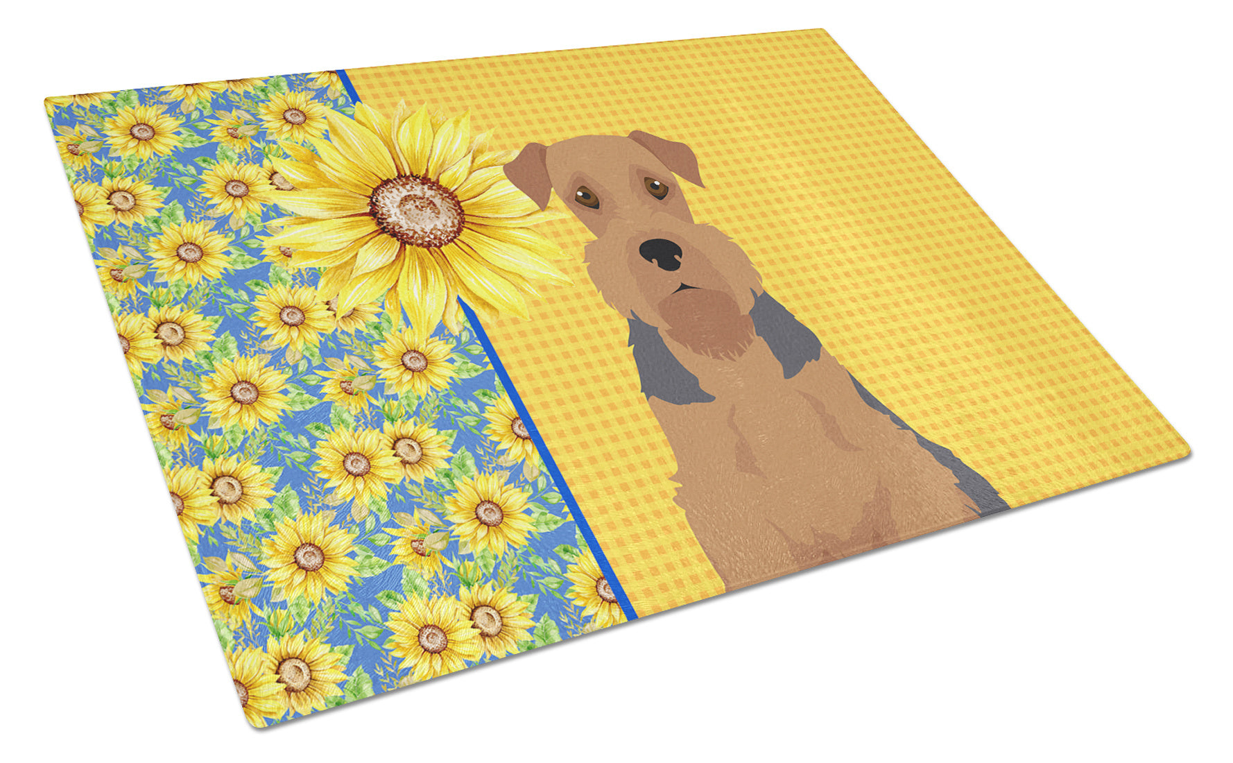 Summer Sunflowers Grizzle and Tan Airedale Terrier Glass Cutting Board Decorative Tempered Glass Kitchen Cutting and Serving Board Large Size Chopping Board