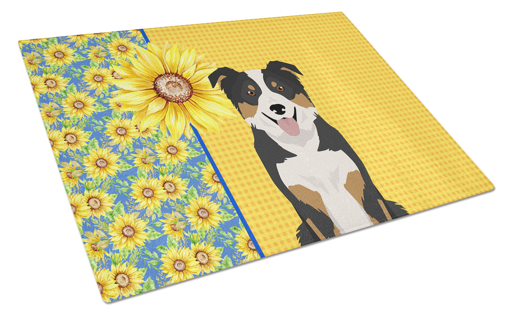 Summer Sunflowers Tricolor Border Collie Glass Cutting Board Decorative Tempered Glass Kitchen Cutting and Serving Board Large Size Chopping Board