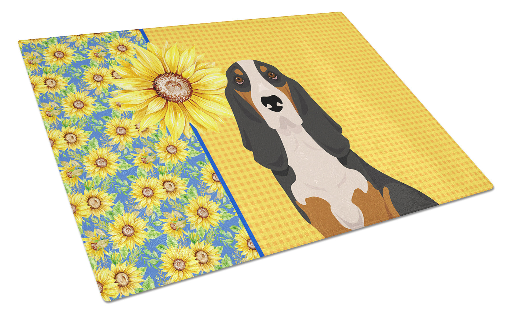 Summer Sunflowers Black Tricolor Basset Hound Glass Cutting Board Decorative Tempered Glass Kitchen Cutting and Serving Board Large Size Chopping Board