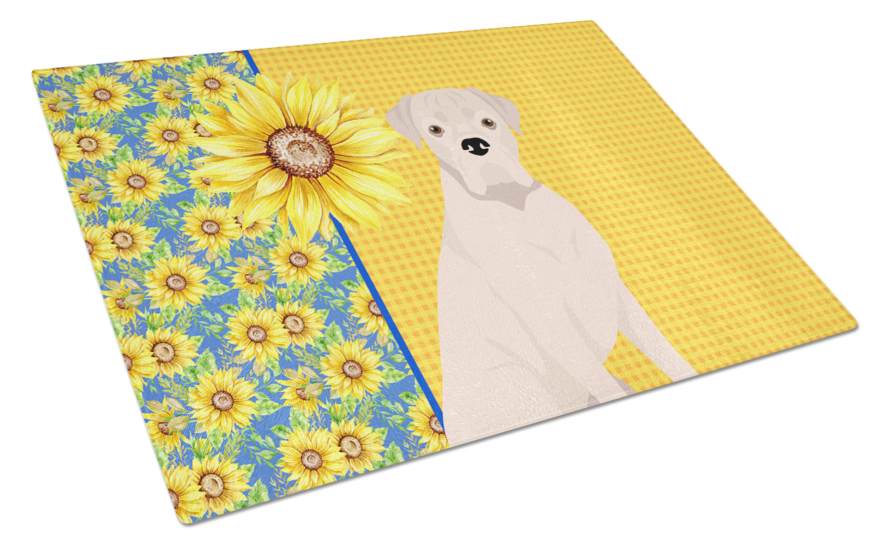 Summer Sunflowers Natural Eared White Boxer Glass Cutting Board Decorative Tempered Glass Kitchen Cutting and Serving Board Large Size Chopping Board